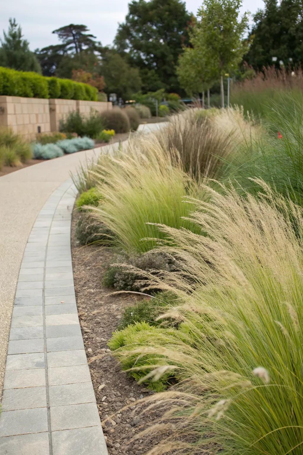 Grasses that conserve water create a sustainable garden border.