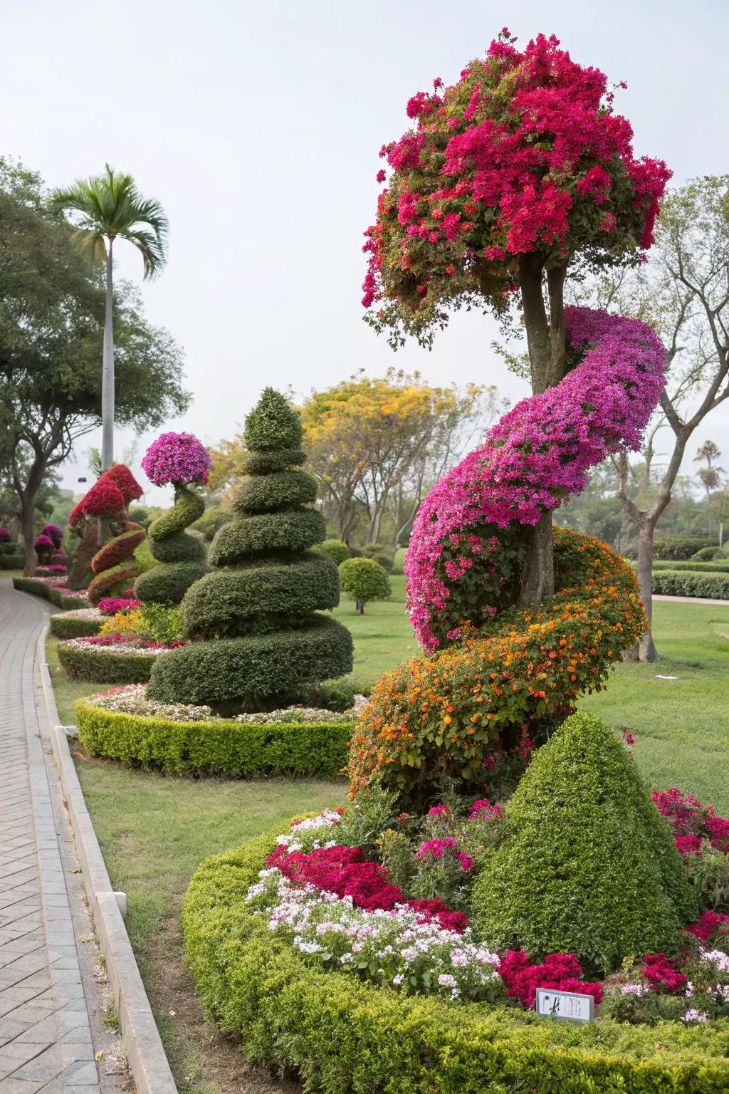 Playful bougainvillea sculpted shapes adding creativity to the garden.