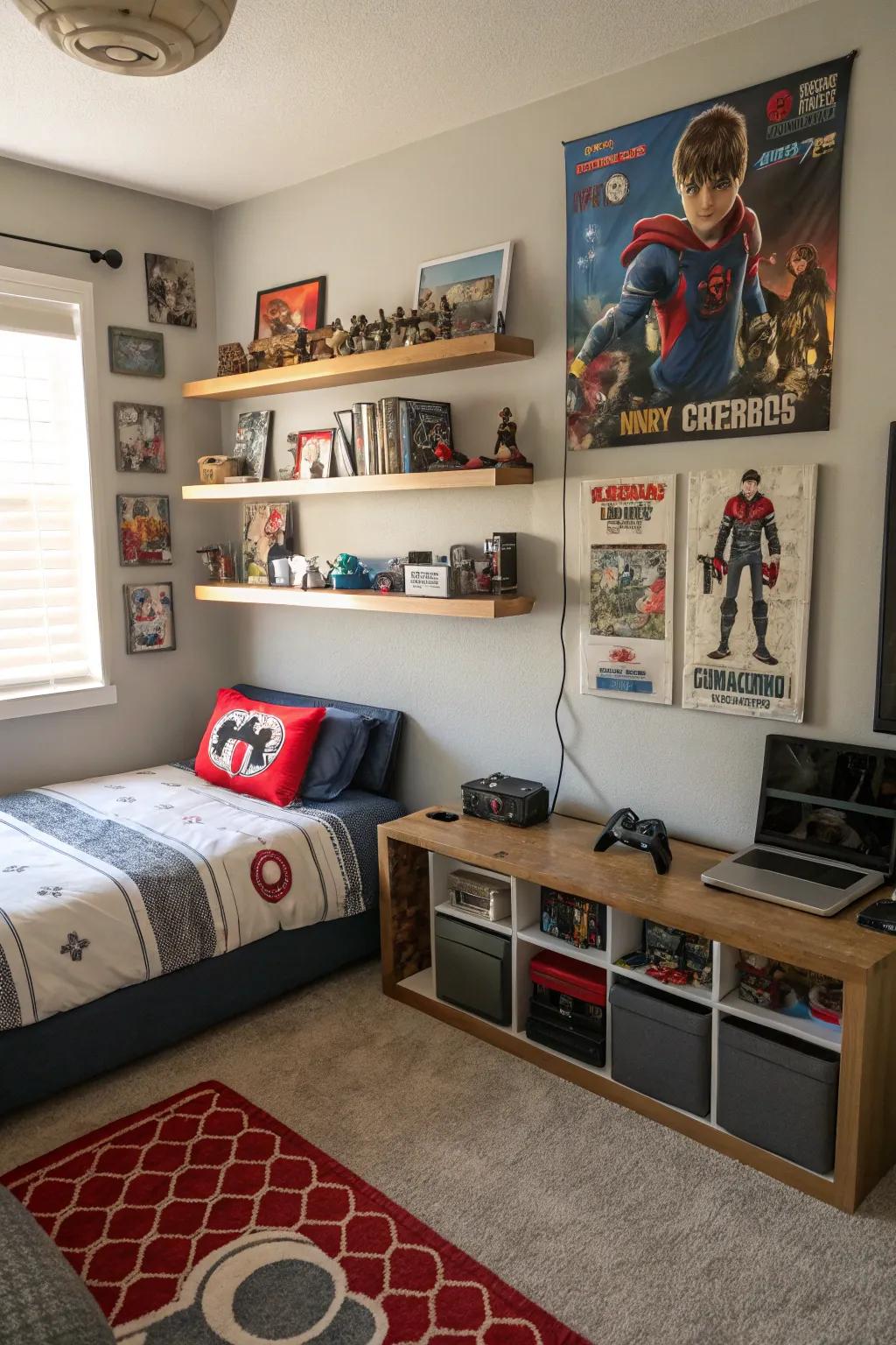 Floating shelves display collectibles and maximize space.