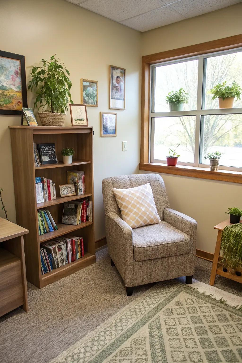 A reading space offers a tranquil escape from busy workdays.