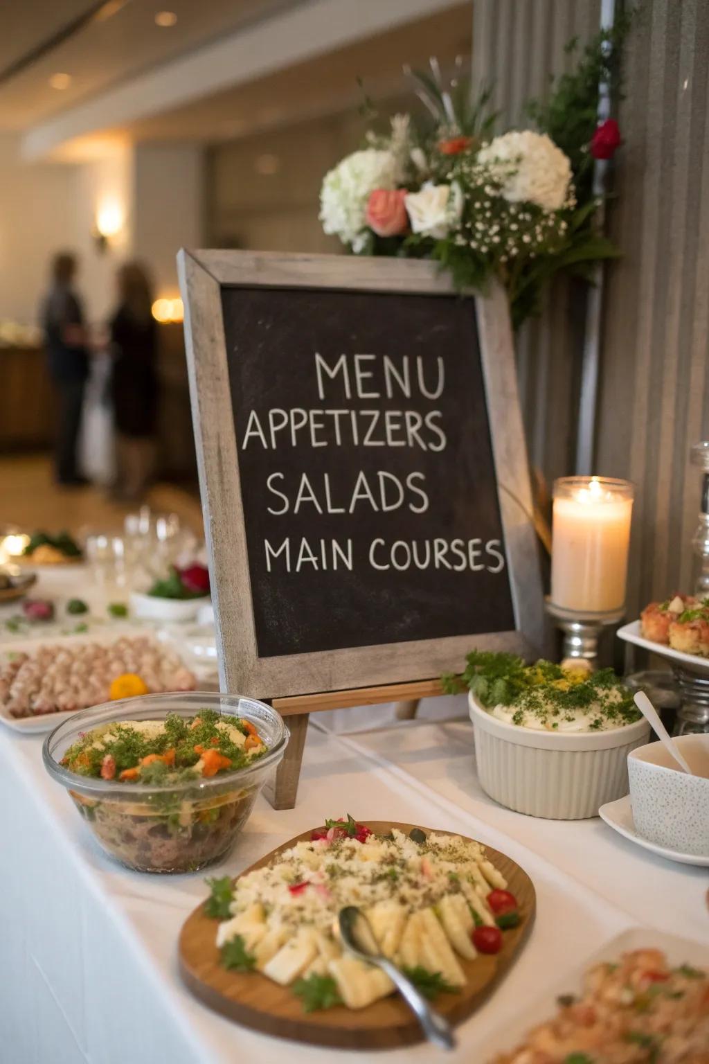 A chalkboard menu adds style and clarity to the food presentation.