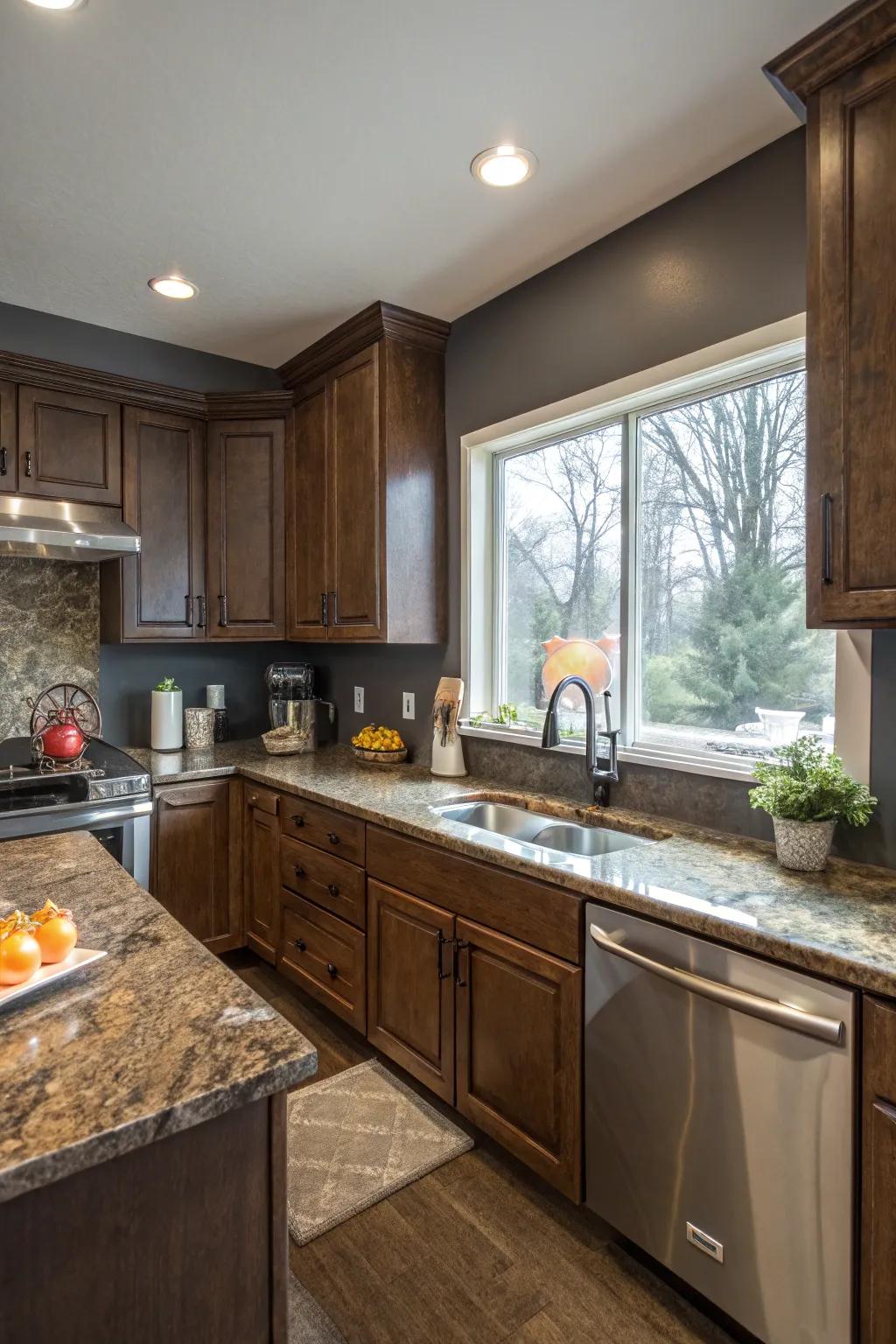 Coal gray walls provide a dramatic, modern contrast.