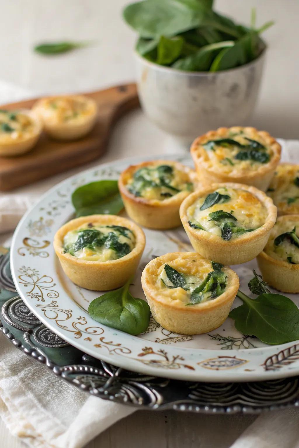 Elegant teeny quiche morsels for a savory brunch selection.