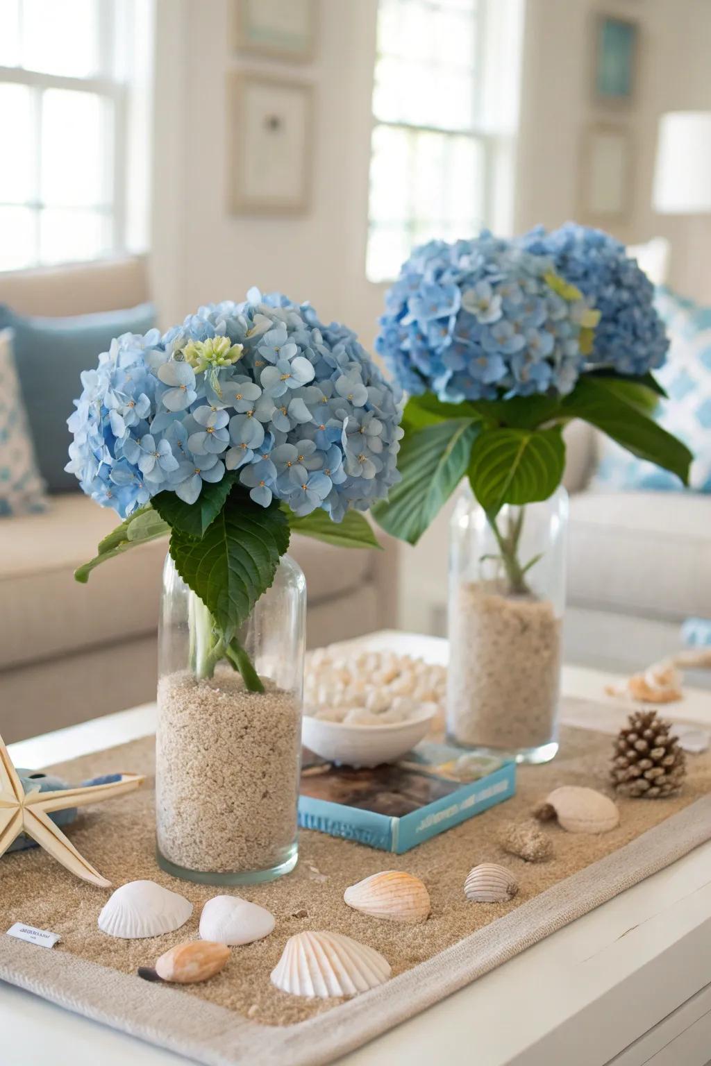 Bring coastal vibes indoors with blue hydrangeas.