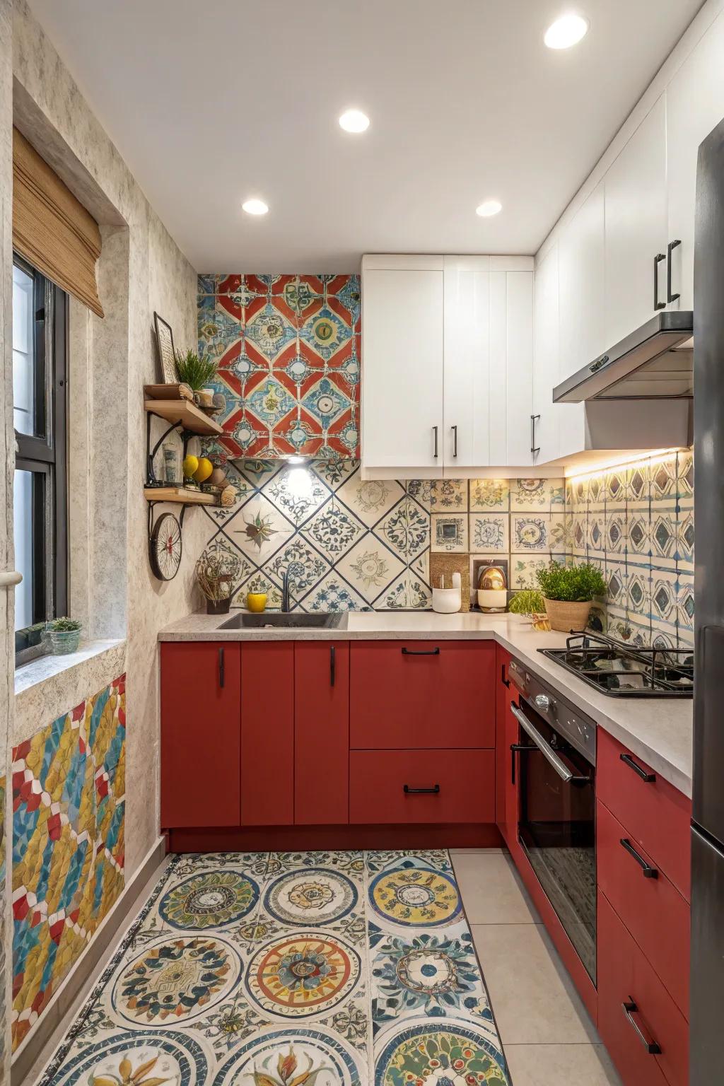 A bold back wall adds a striking focal point to this kitchen.