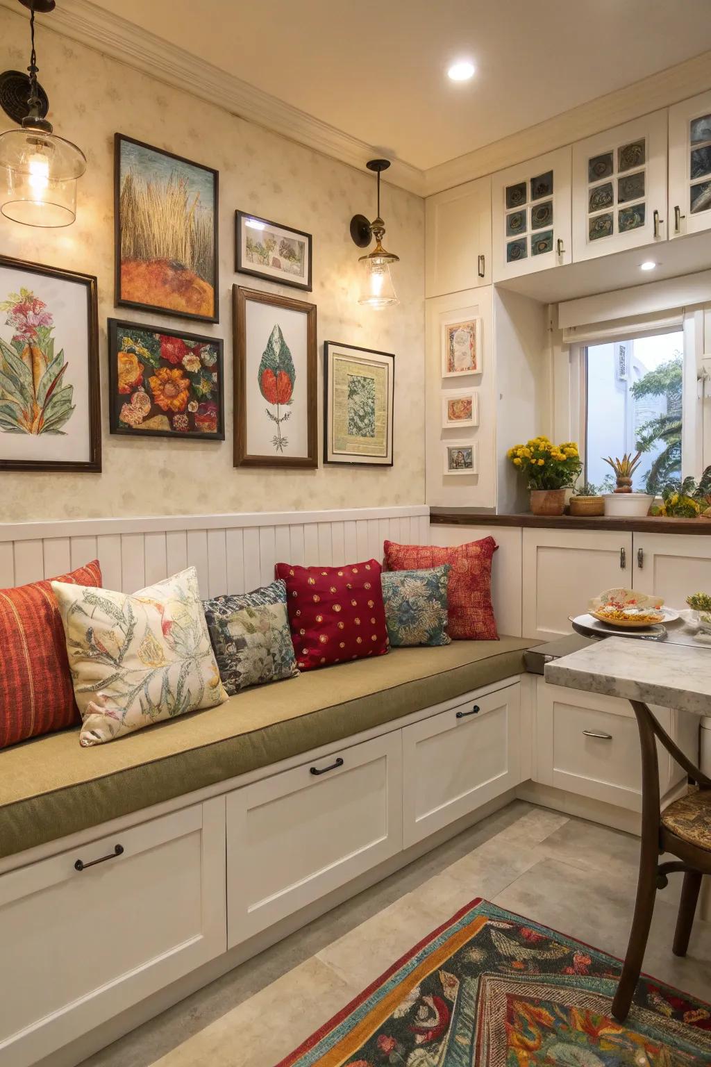 Banquette seating with an artistic flair for a personalized kitchen.