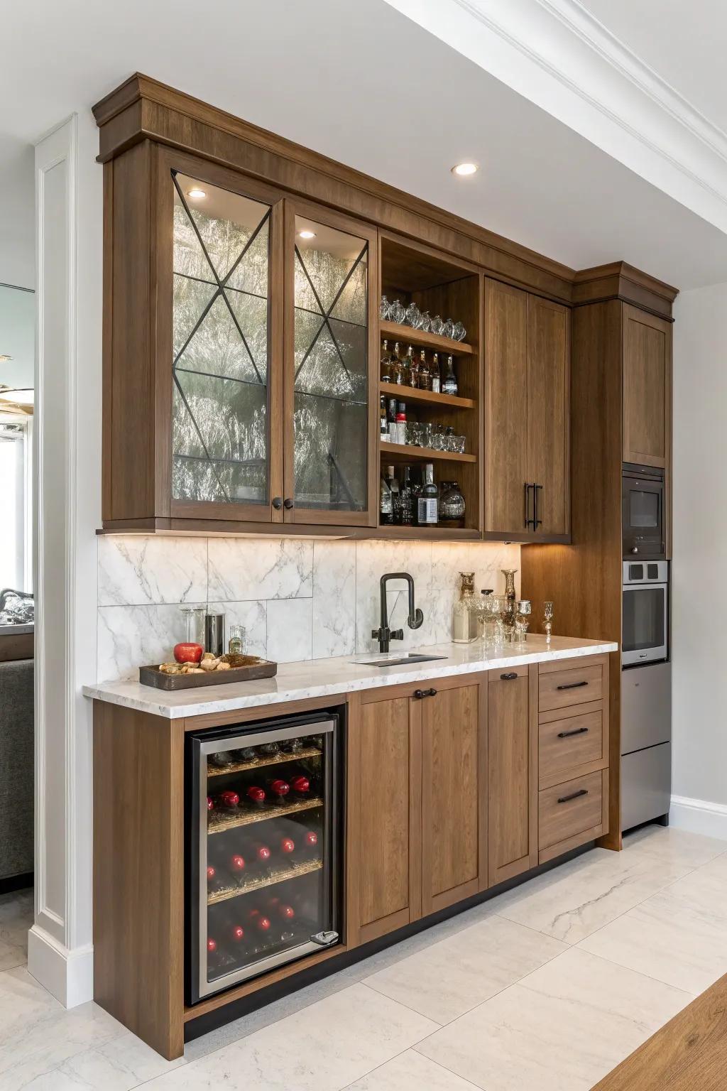 A combination of materials introduces depth and personality to this built-in bar.