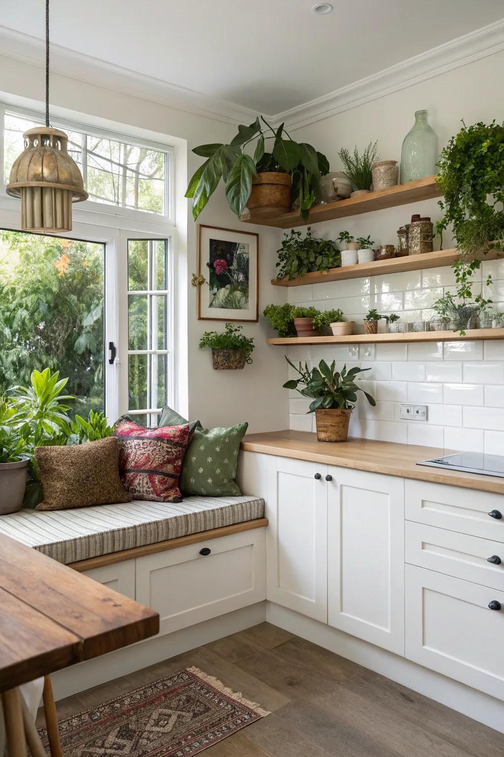 Combine bench seating with open shelving for a unified visual.