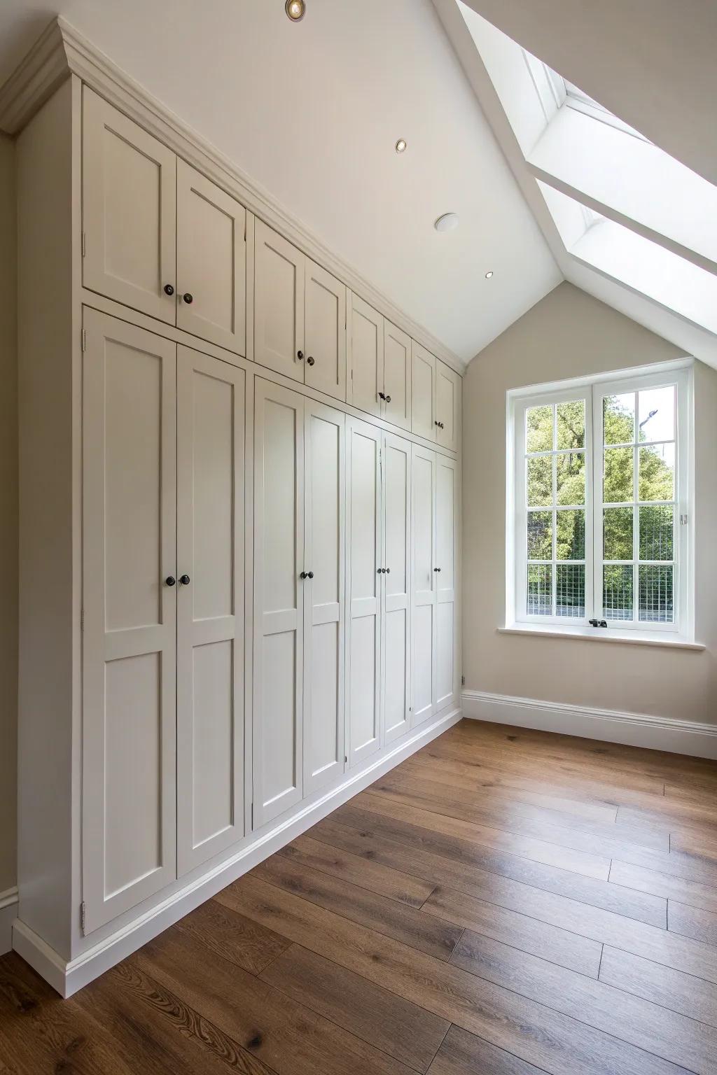 Floor-to-ceiling wardrobes maximize the utilization of elevated ceiling heights.