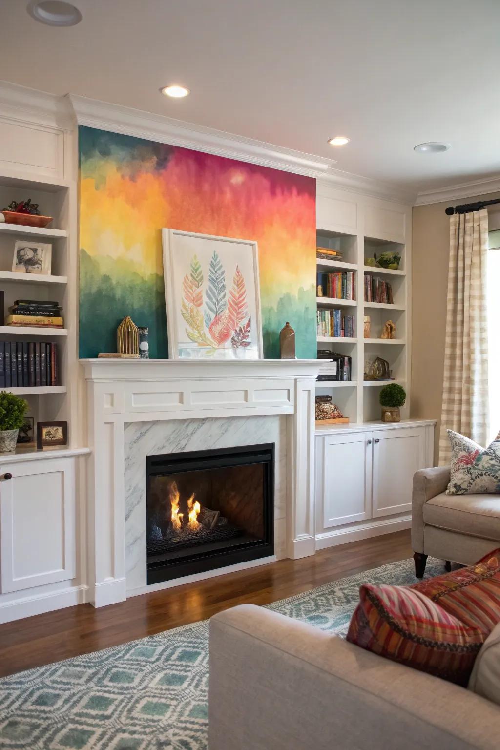 A vibrant color accent invigorates fireplace built-ins.