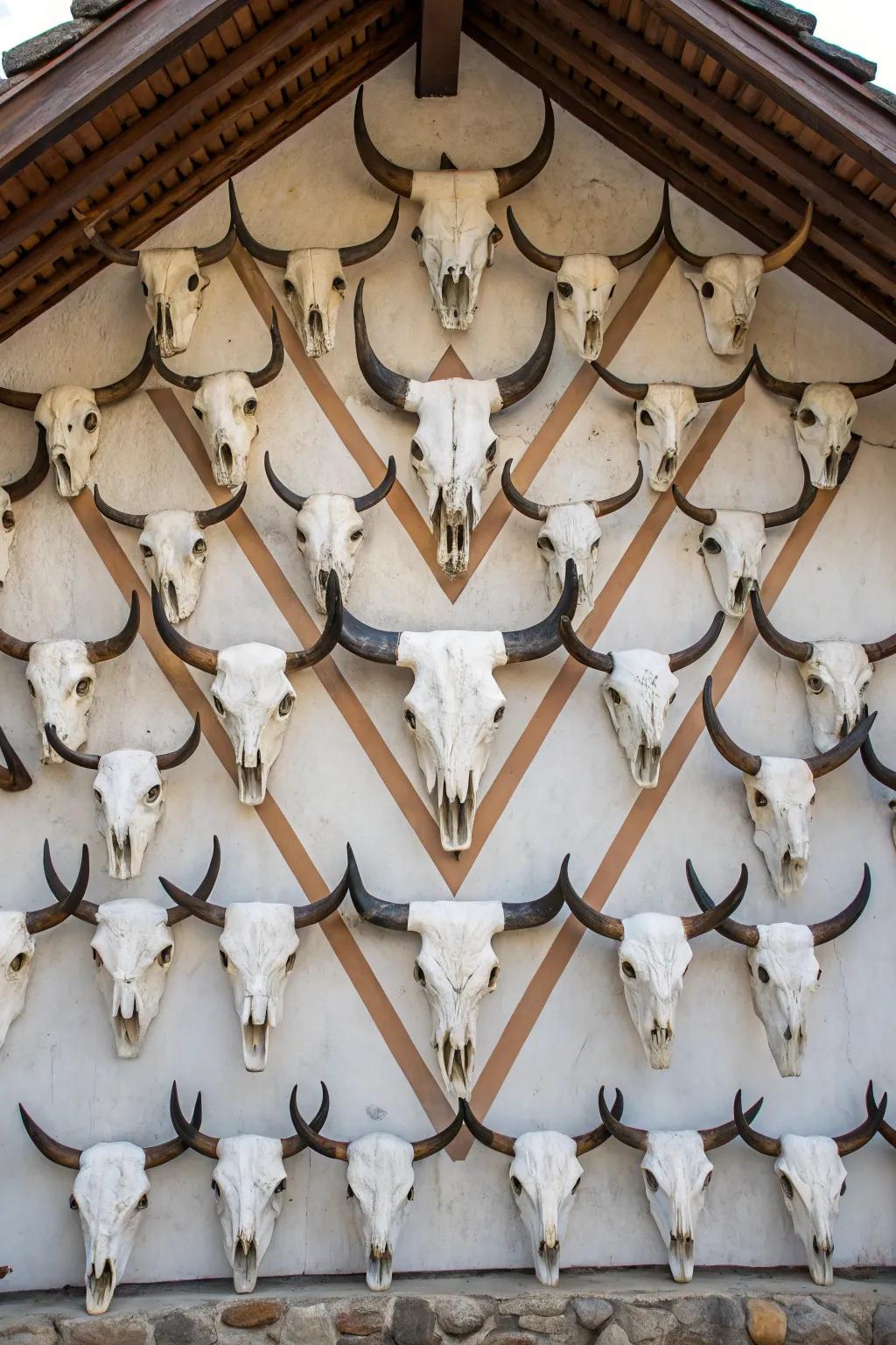 Geometric arrangement of cattle skulls for visual effect.