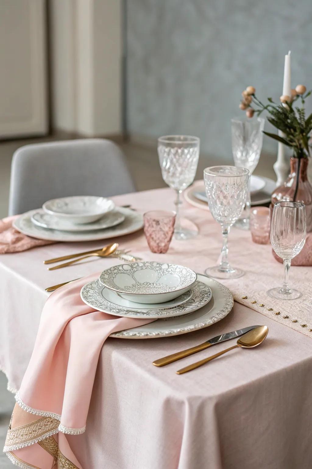 Delicate table linens cultivate a soft, serene setting for the shower.