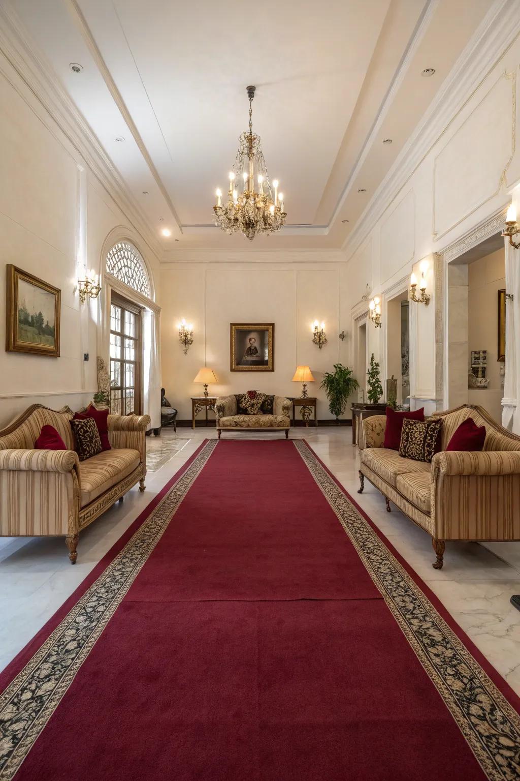 Symmetry elevates the stately sensation of a claret floor covering in a living room.