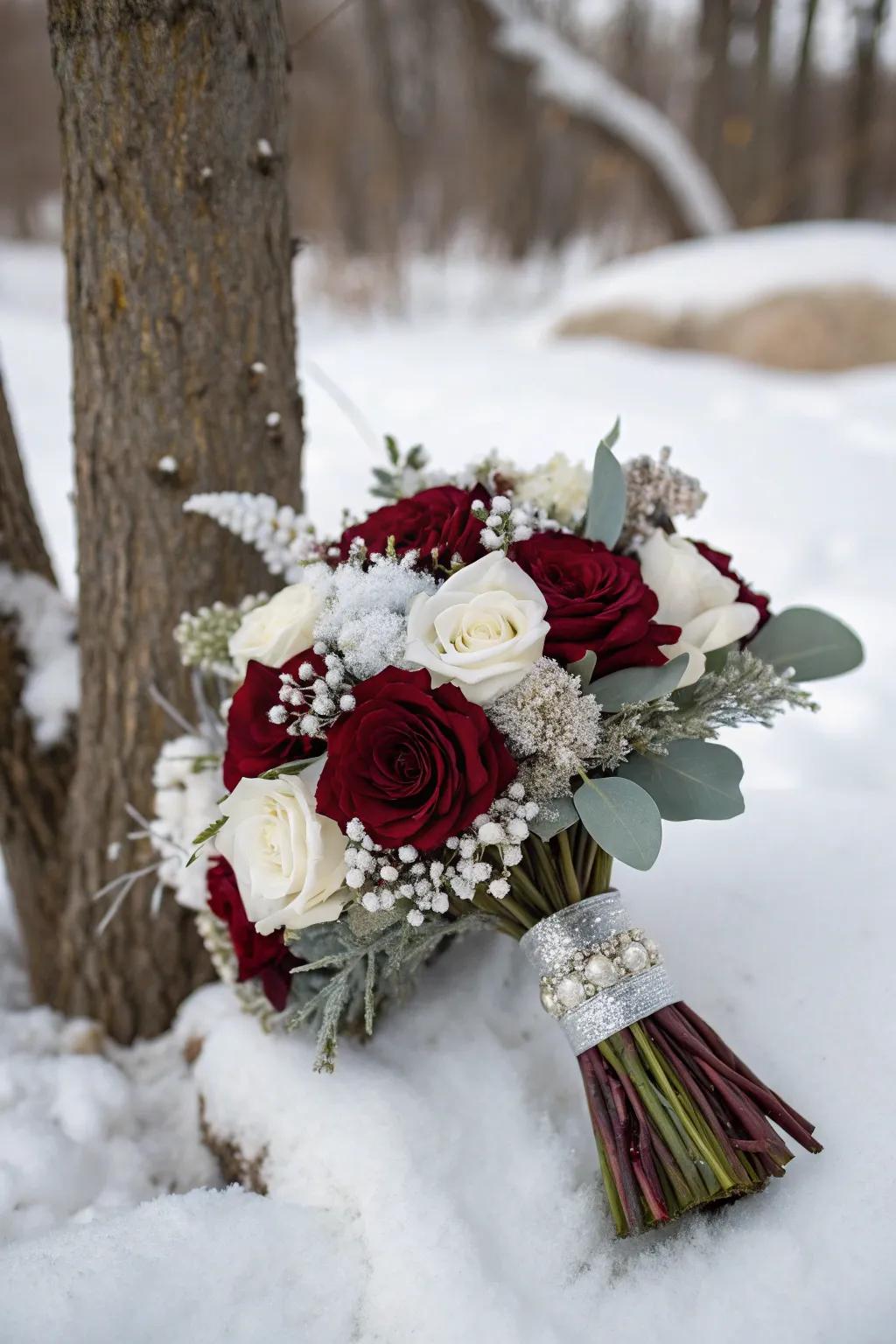 A winter-themed burgundy bouquet with white and silver accents.