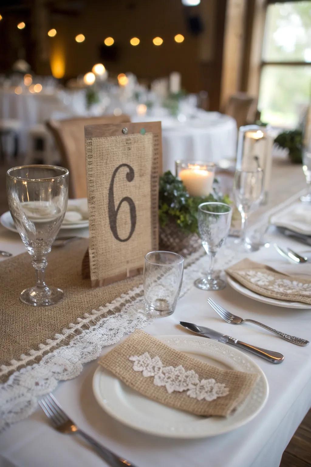 Individualize your table arrangements through hessian digits.