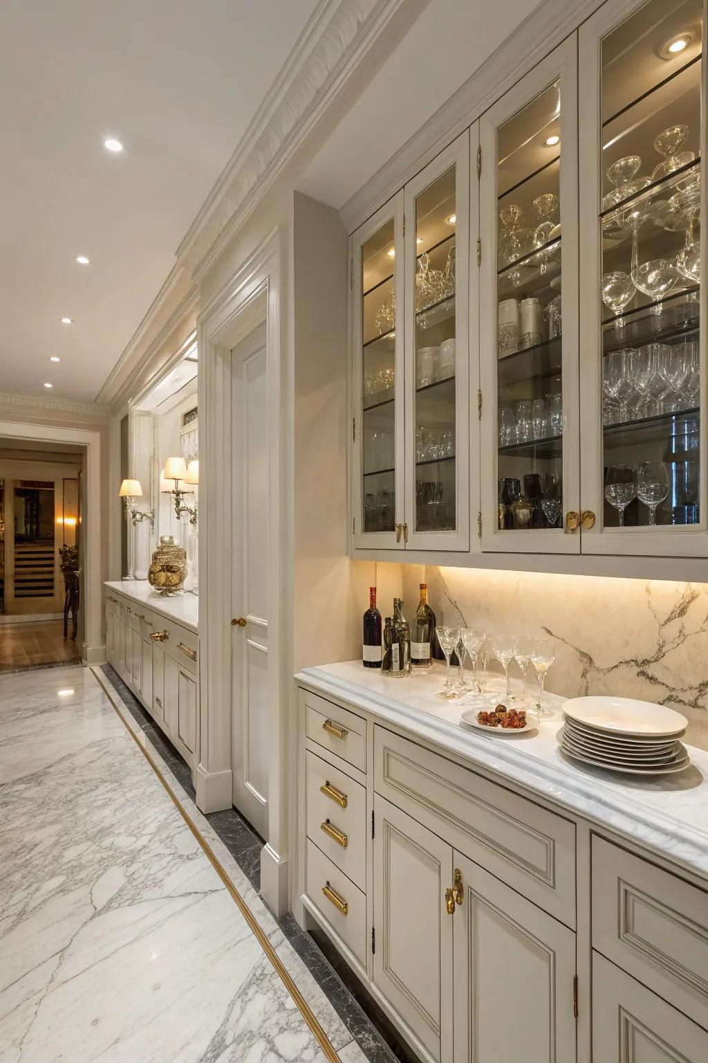 An exquisite butler's pantry featuring luxurious marble preparation surfaces for a classic look.