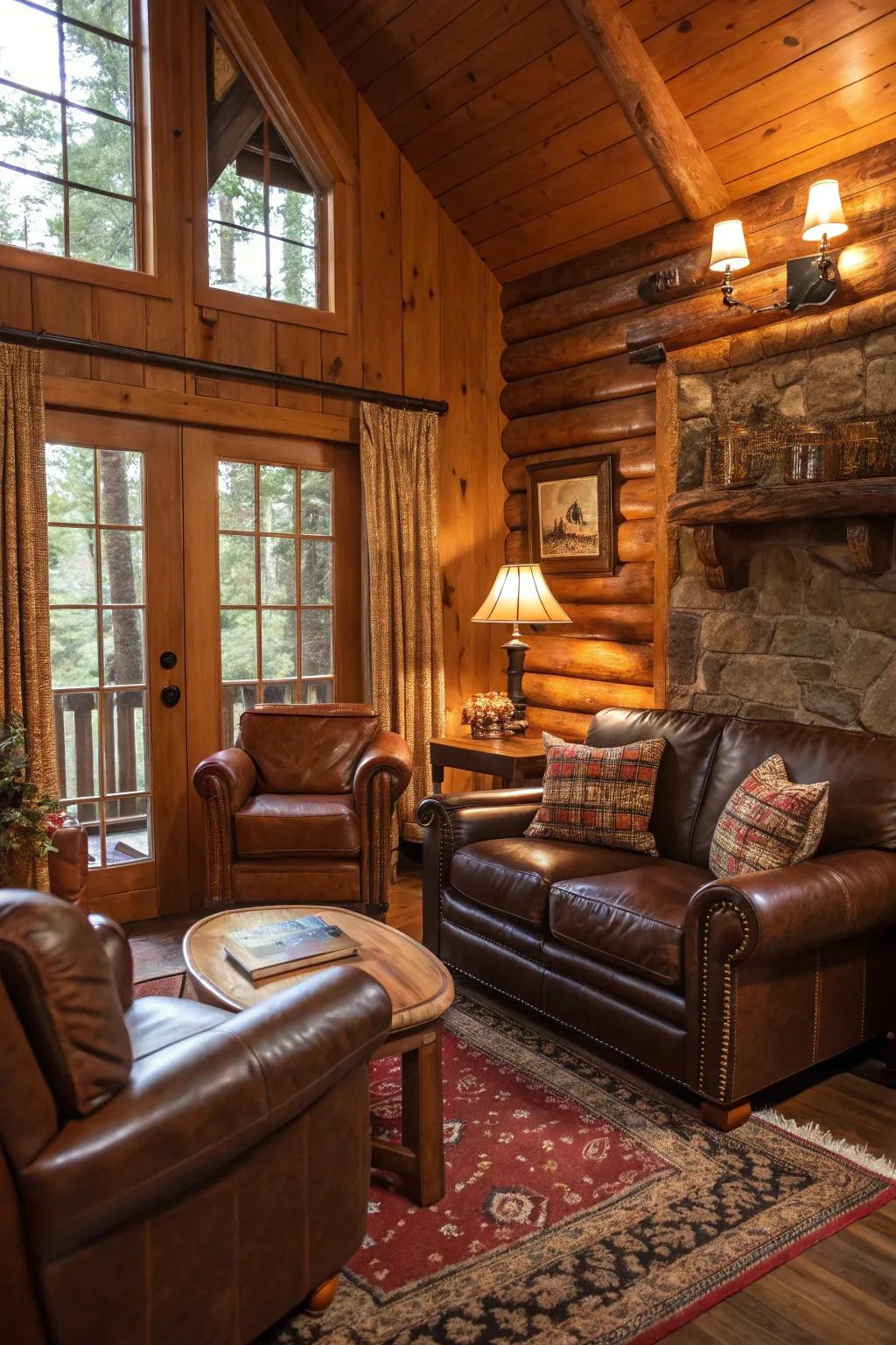 Leather accents introduce a sense of rustic charm and timeless allure to the cabin.