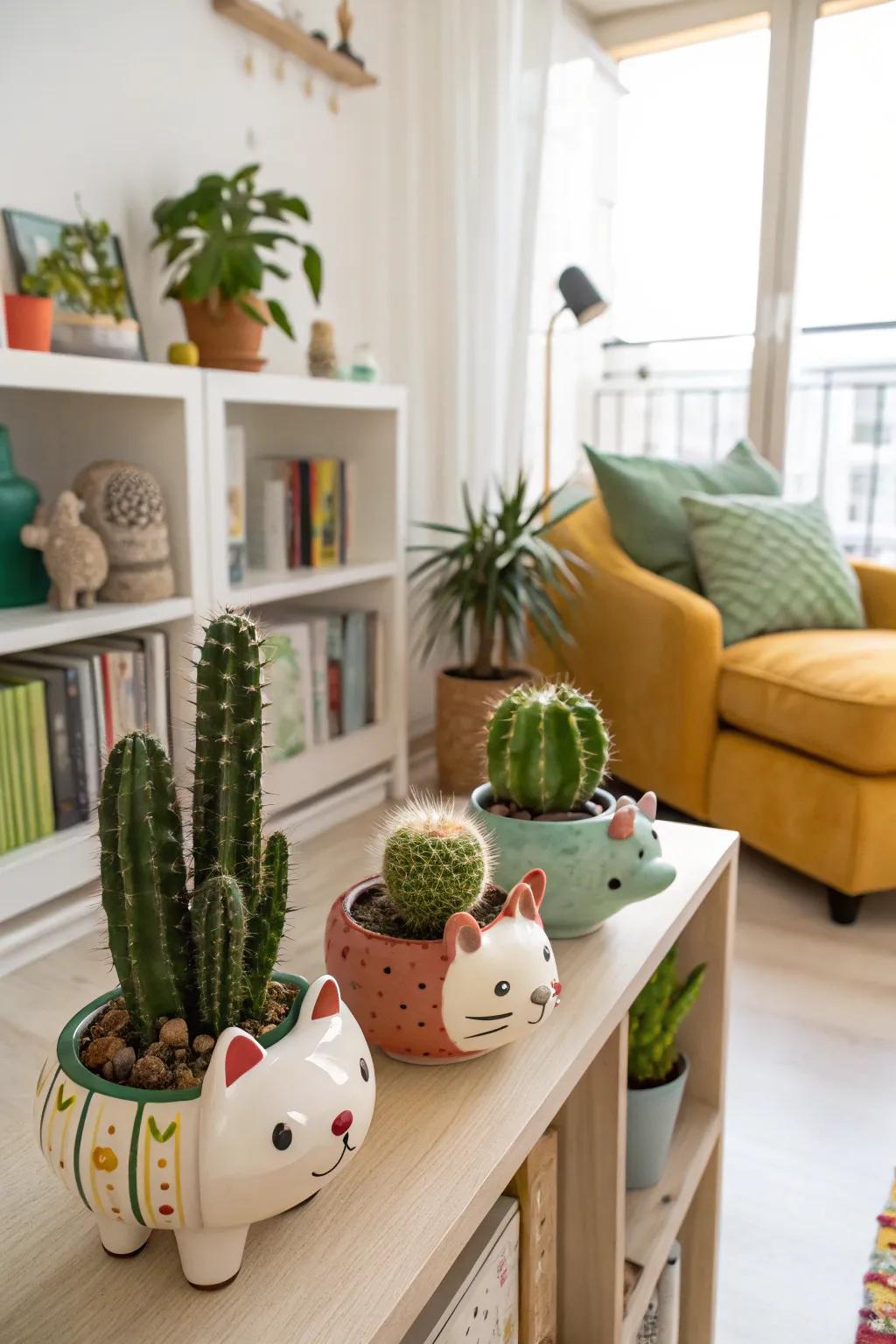Porcelain creature abodes contribute a playful element to your cactus assortment.