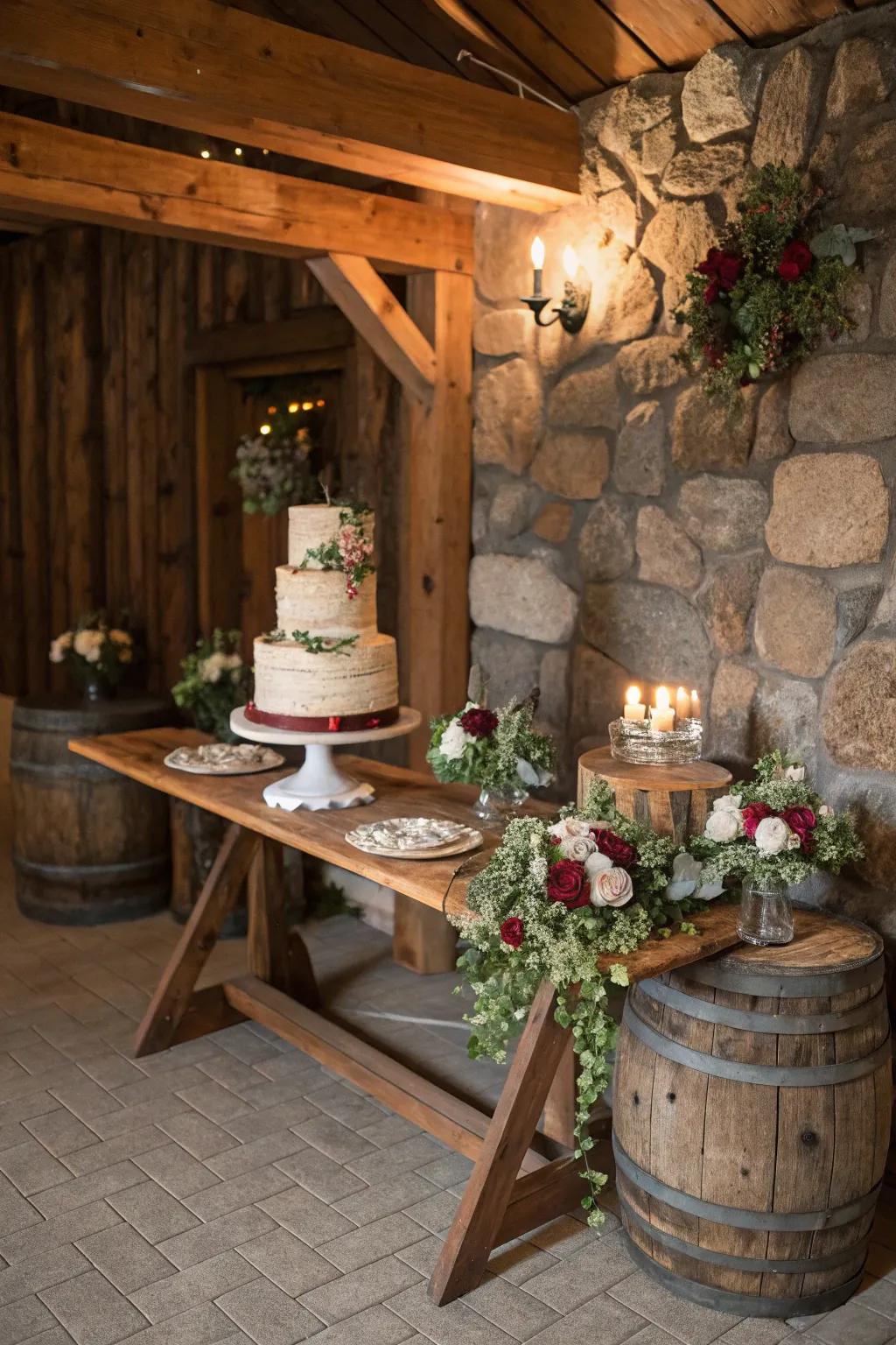 A dessert showcase featuring organic elements, injecting warmth and texture into the arrangement.