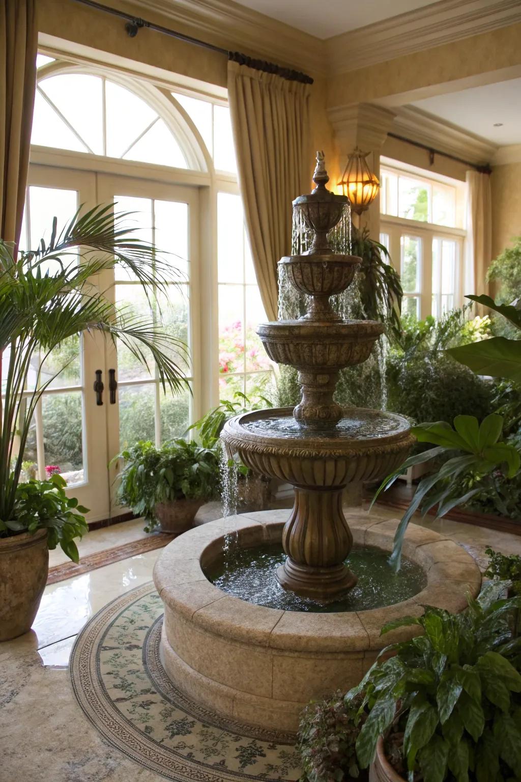 A water fountain adds tranquility to a California room.