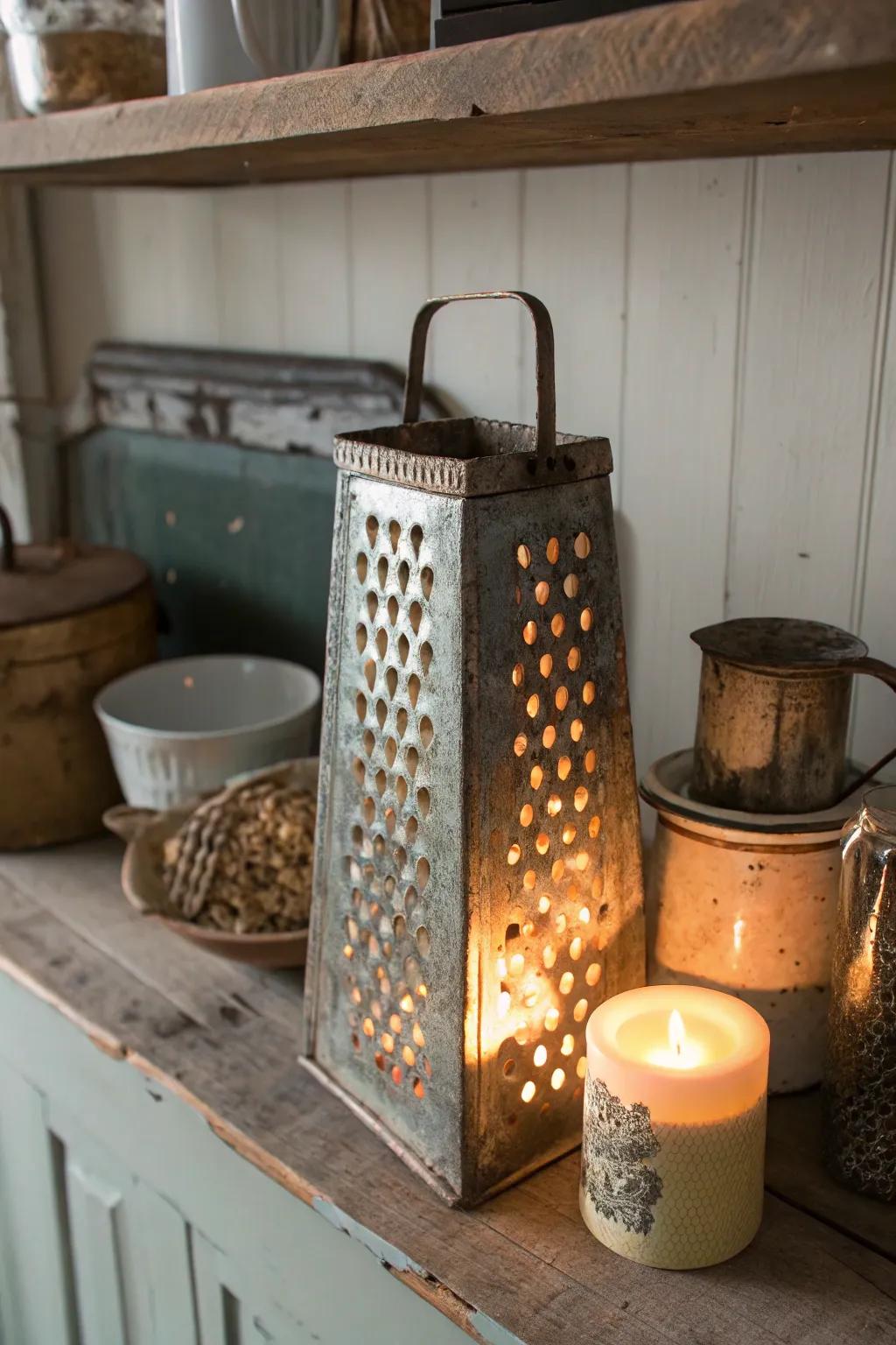 Countryside charm featuring retro grater candle covers.
