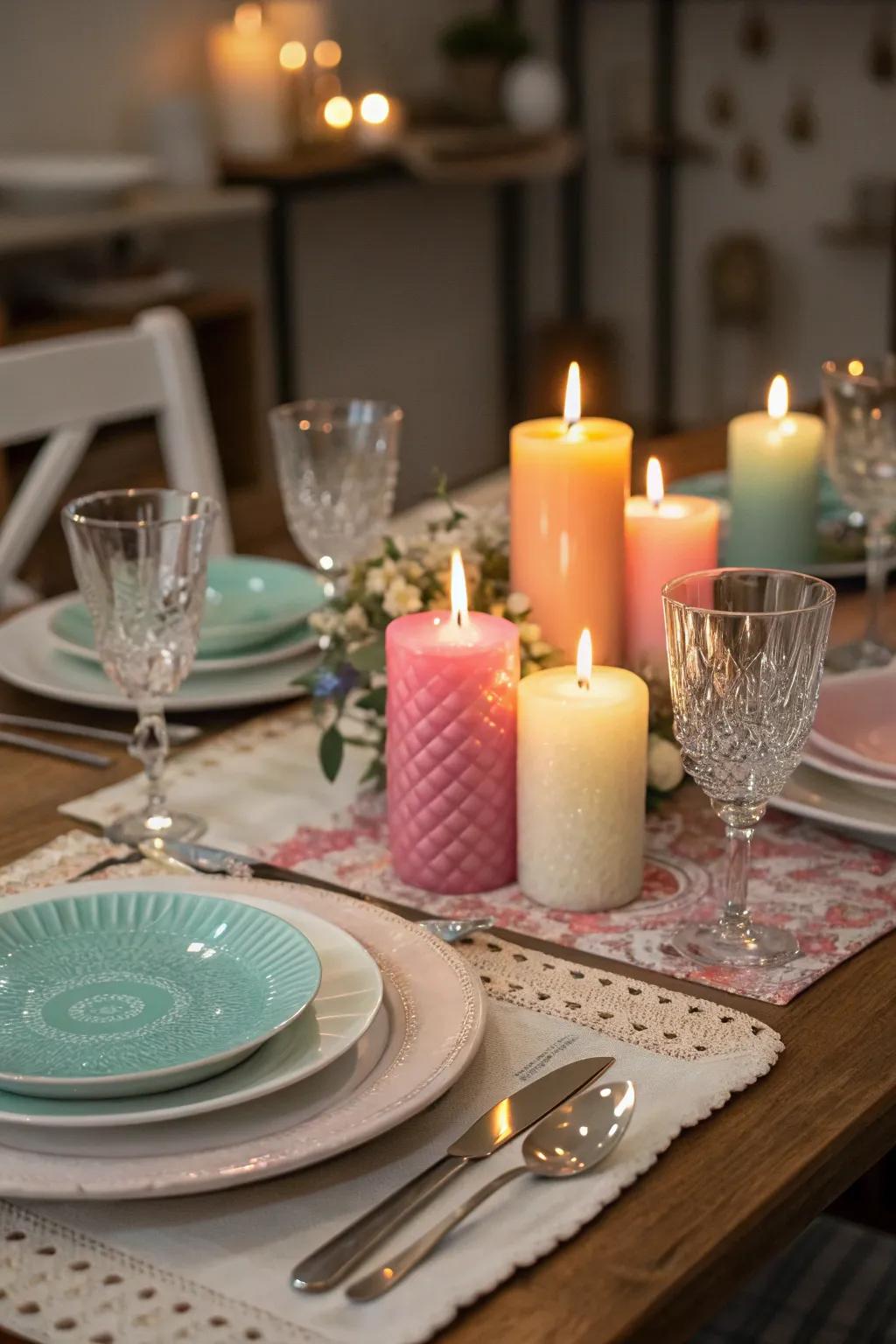 Hue-coordinated flames syncing with the table decor.