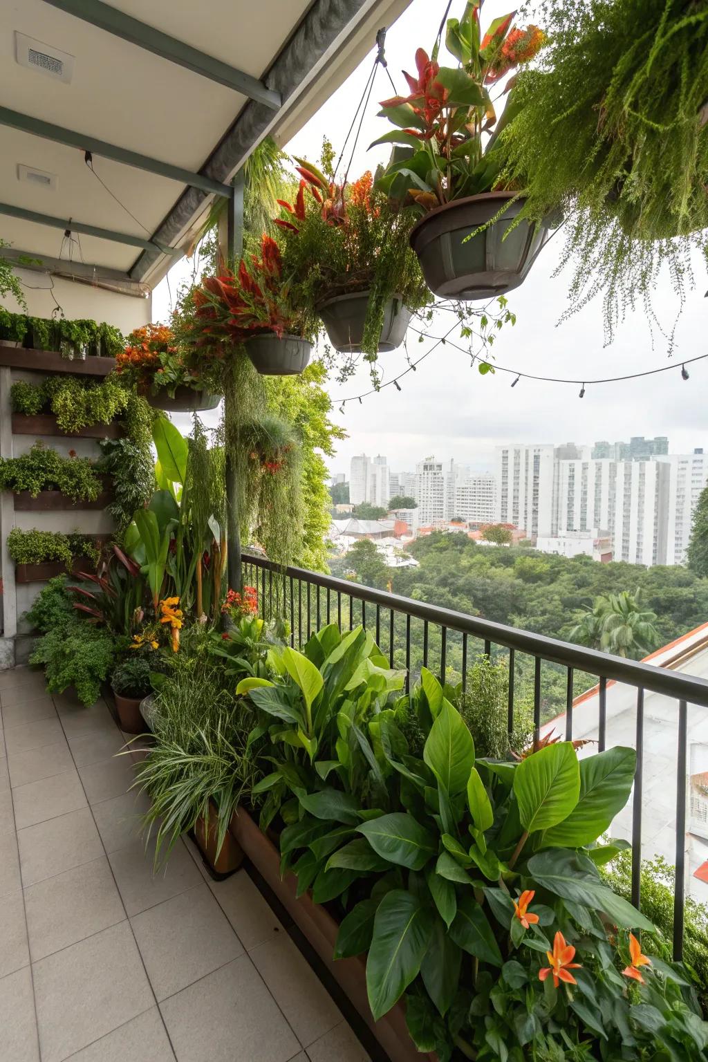 An urban jungle of majestic blooms and leafy plants on a balcony.