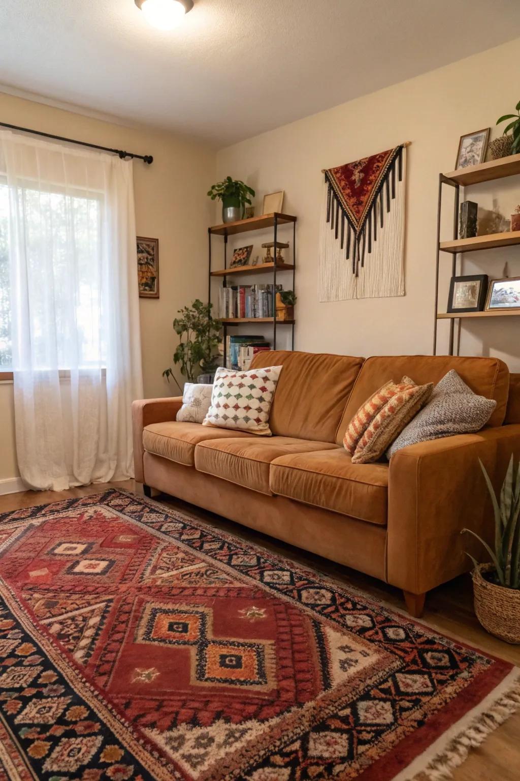 A statement rug anchors the space around a honey-toned sofa.