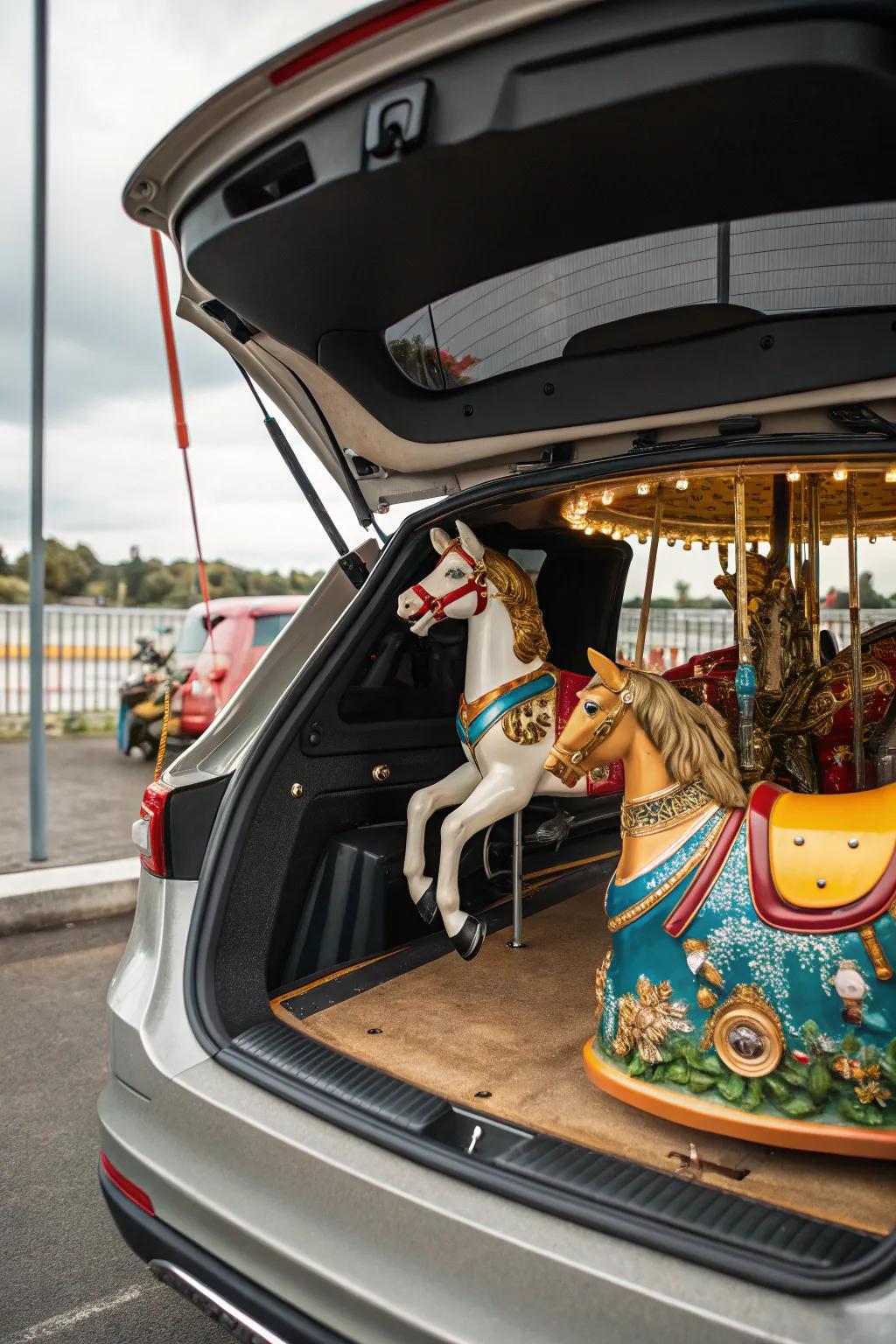 A whimsical horse ride-themed trunk brimming with charm and color.