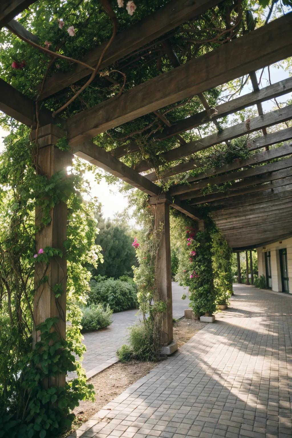 A lattice-style carport, introducing charm and natural beauty to the space.