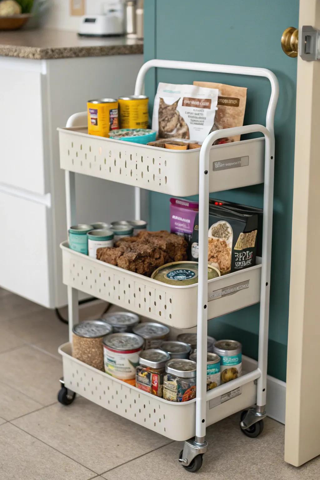 A practical and stylish rolling carrier for feline food storage.