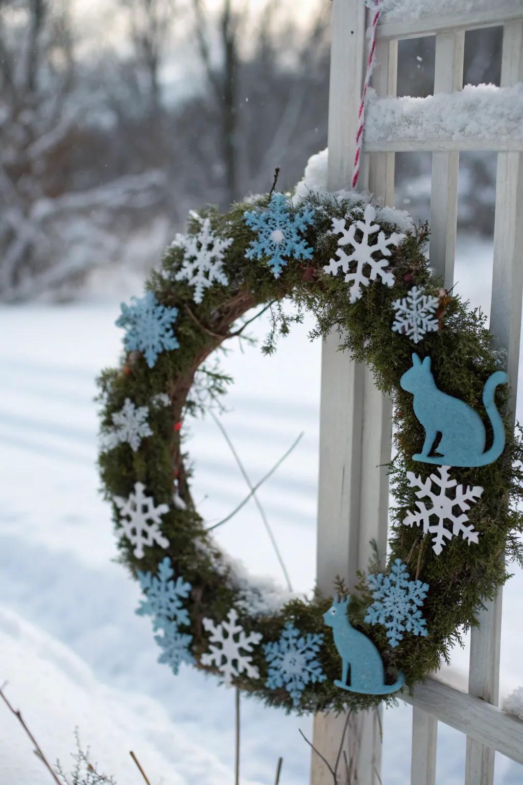A seasonal glacial feline wreath perfect for winter.