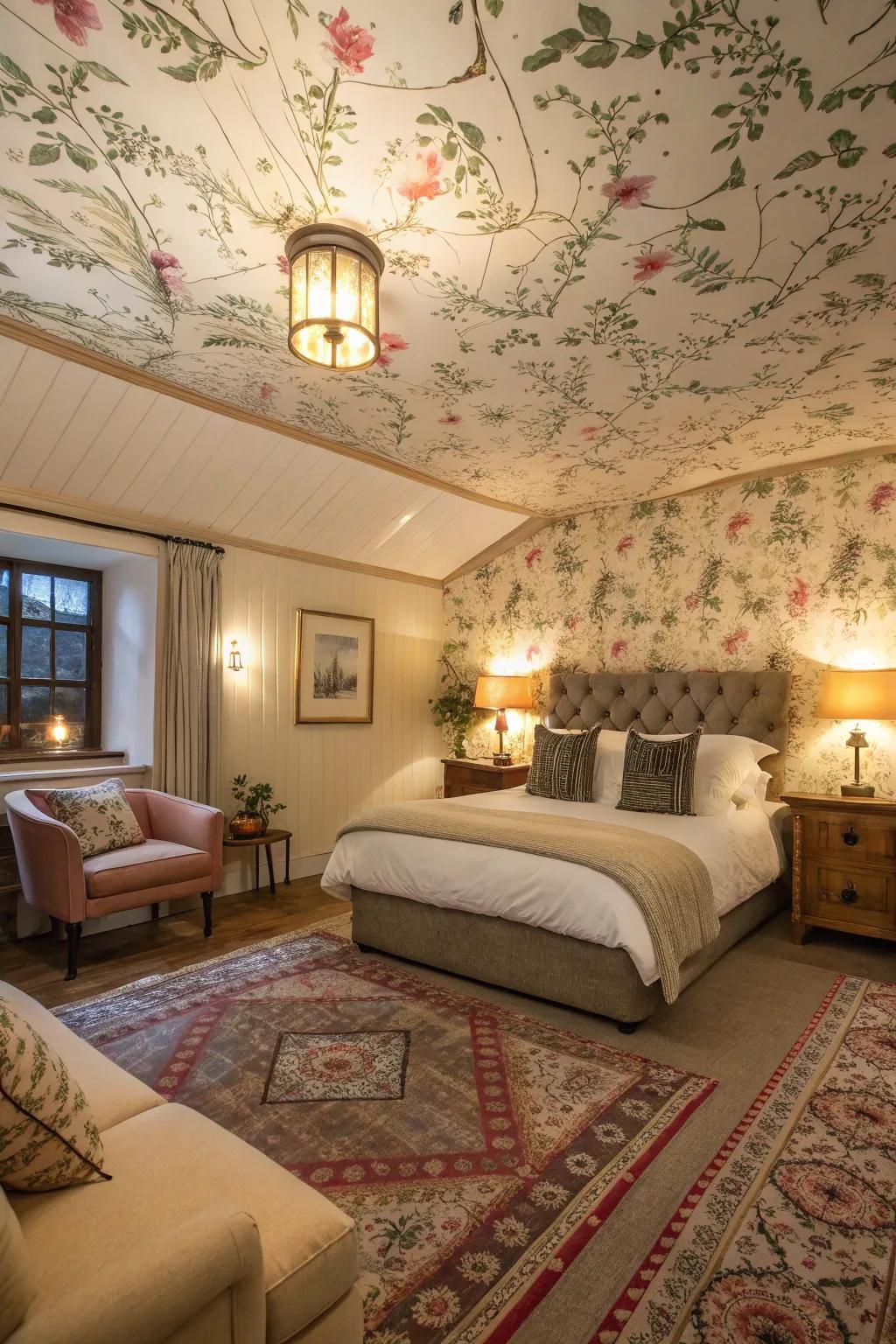 Amaze your guests employing an unexpected application of wallpaper across your ceiling.