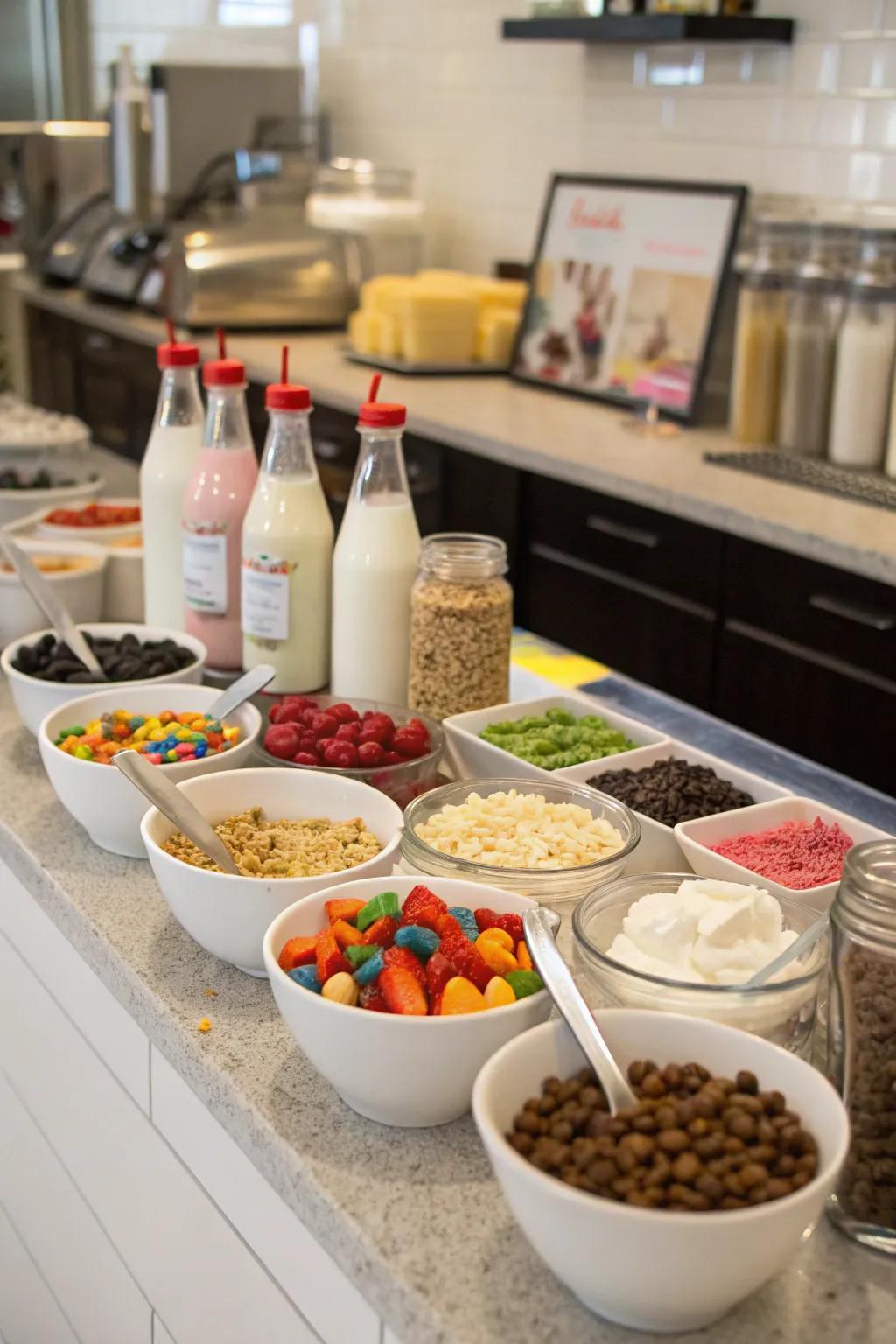 A dedicated space showcasing ingredients for frozen grain dairy treats, accompanied by various toppings.