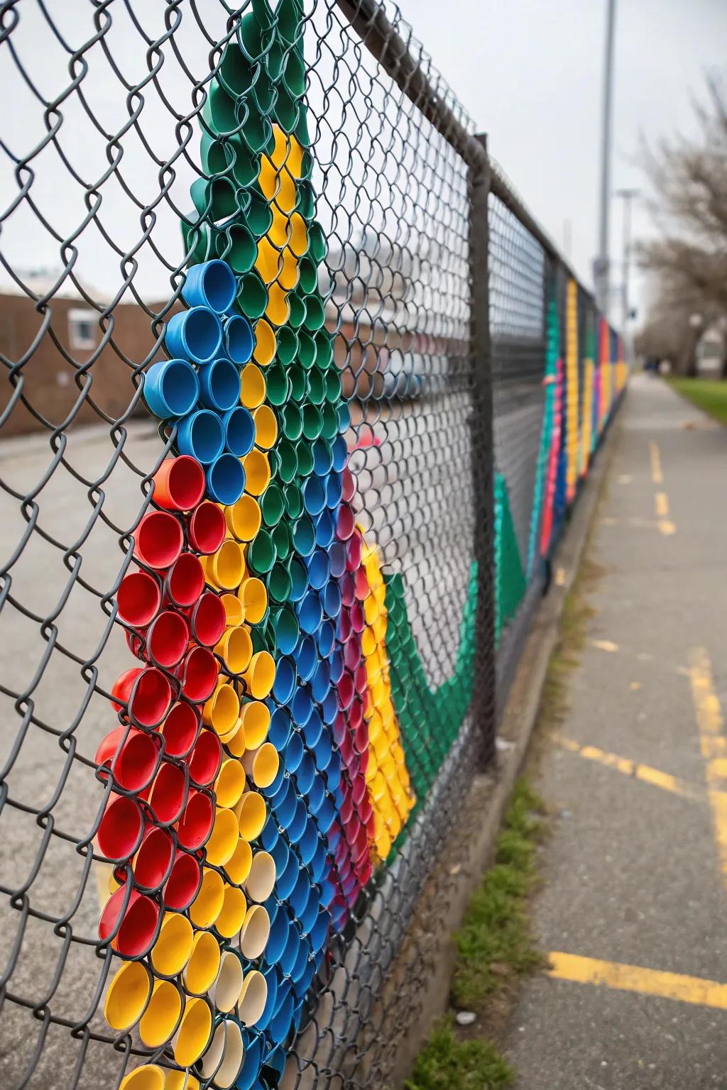 A plastic cup display can imbue your fence with an explosion of color.