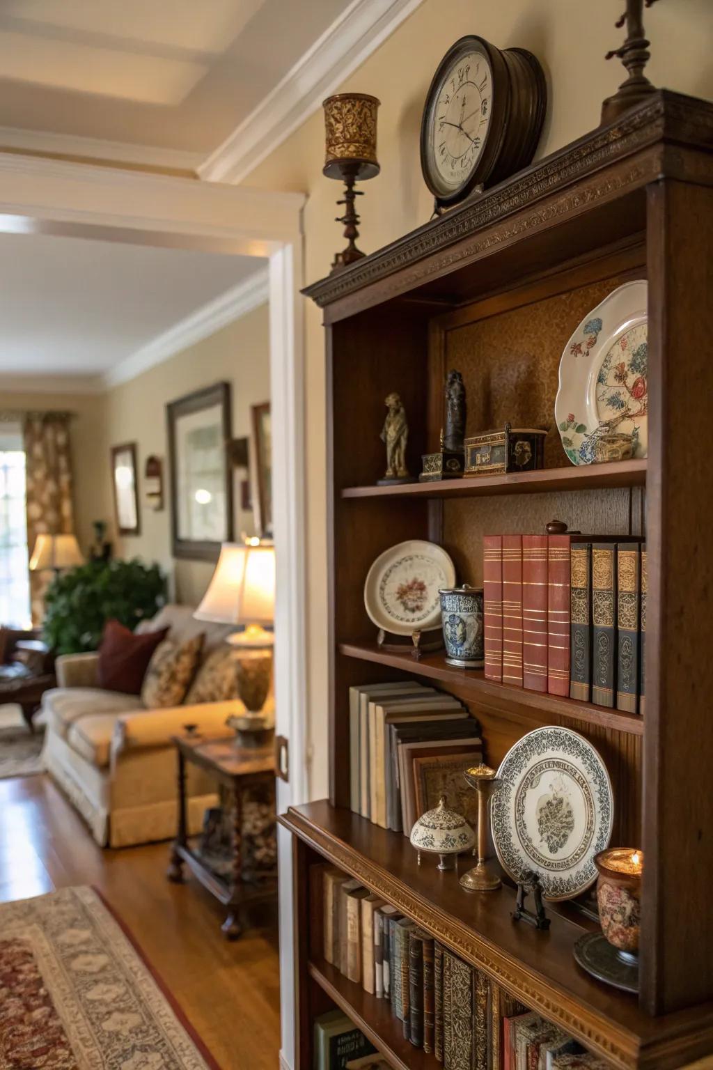 Emphasize your antiquarian treasures through a dedicated shelf.