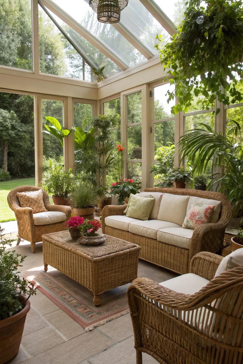 Outdoor furniture introduces a fresh, natural ambiance indoors.
