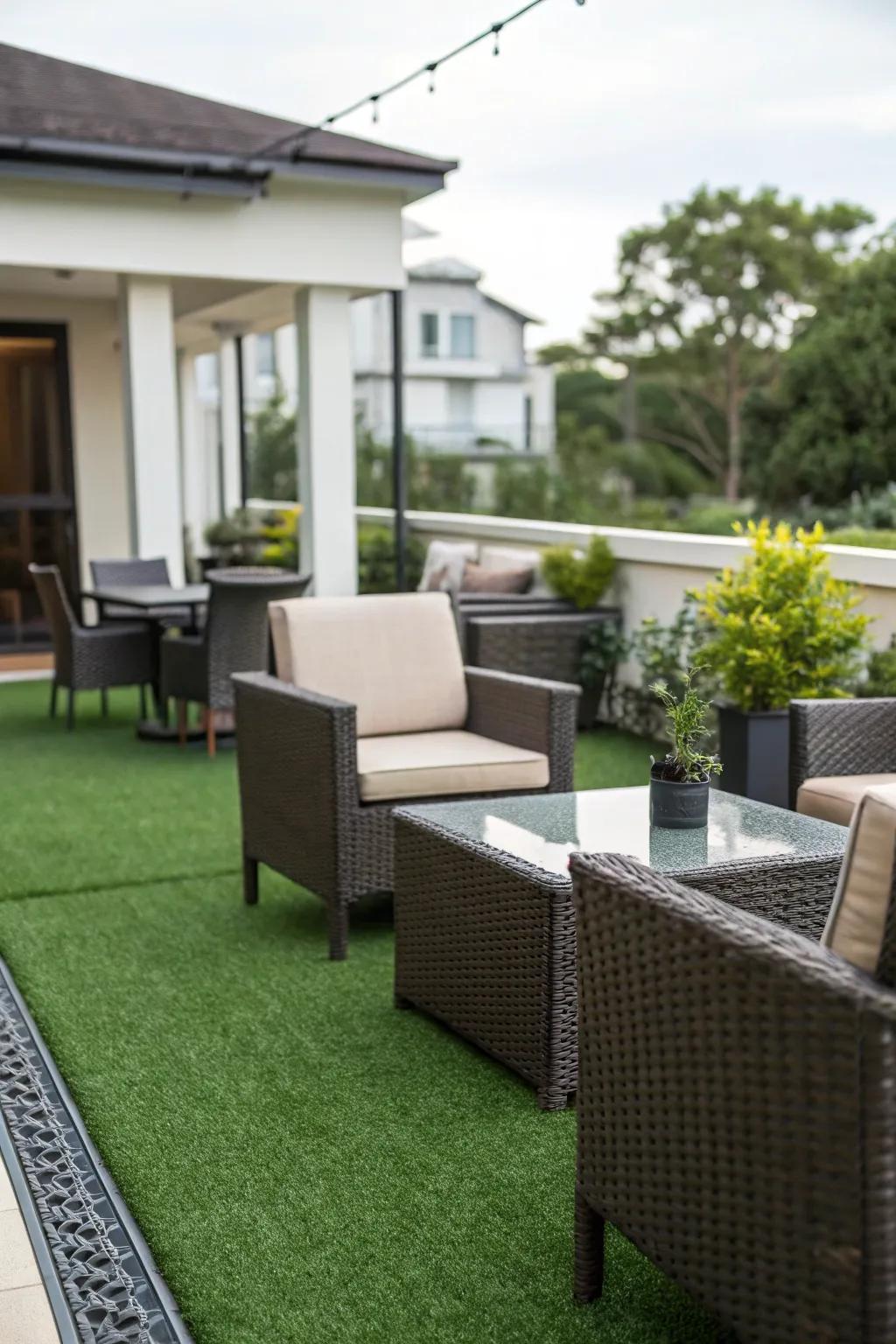 Synthetic turf creating a lush, minimal-upkeep patio.