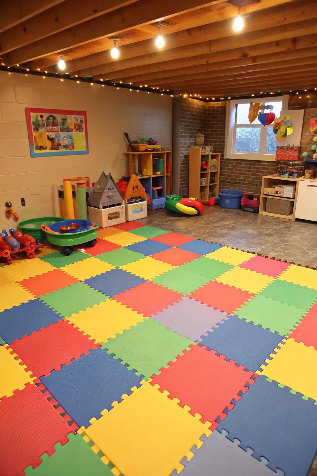 Foam tiles develop a safe and playful setting for basement playrooms.