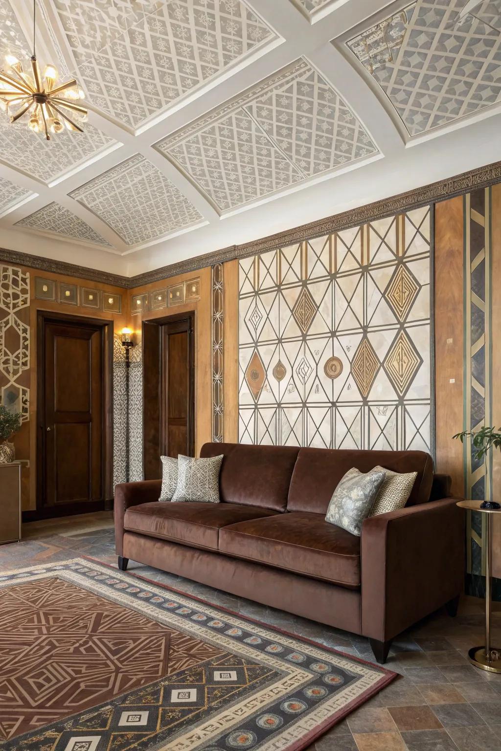 Retro deco glam meets cocoa tones for timeless elegance.