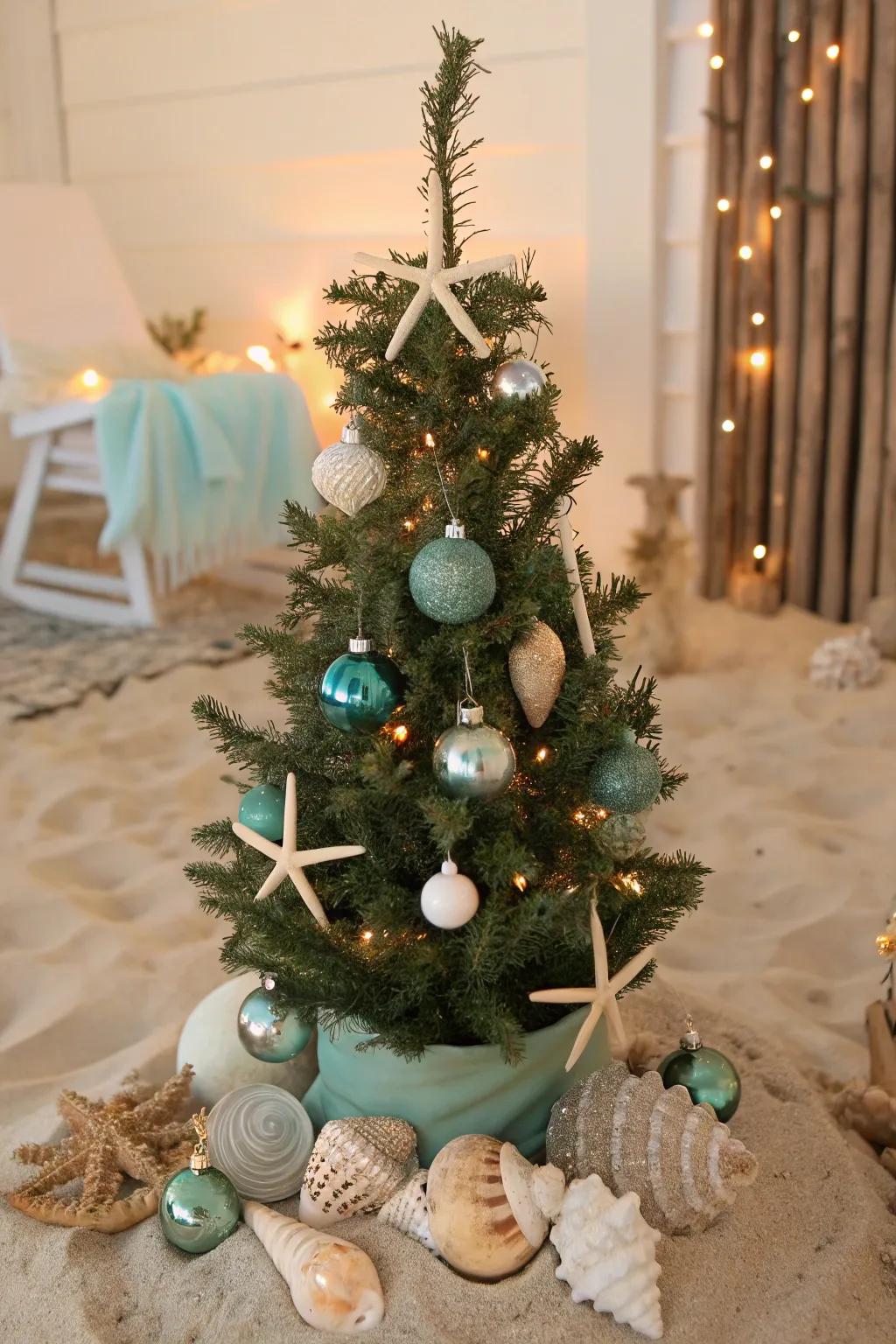 A coastal serenity Christmas bauble tree that ushers the seaside spirit indoors.