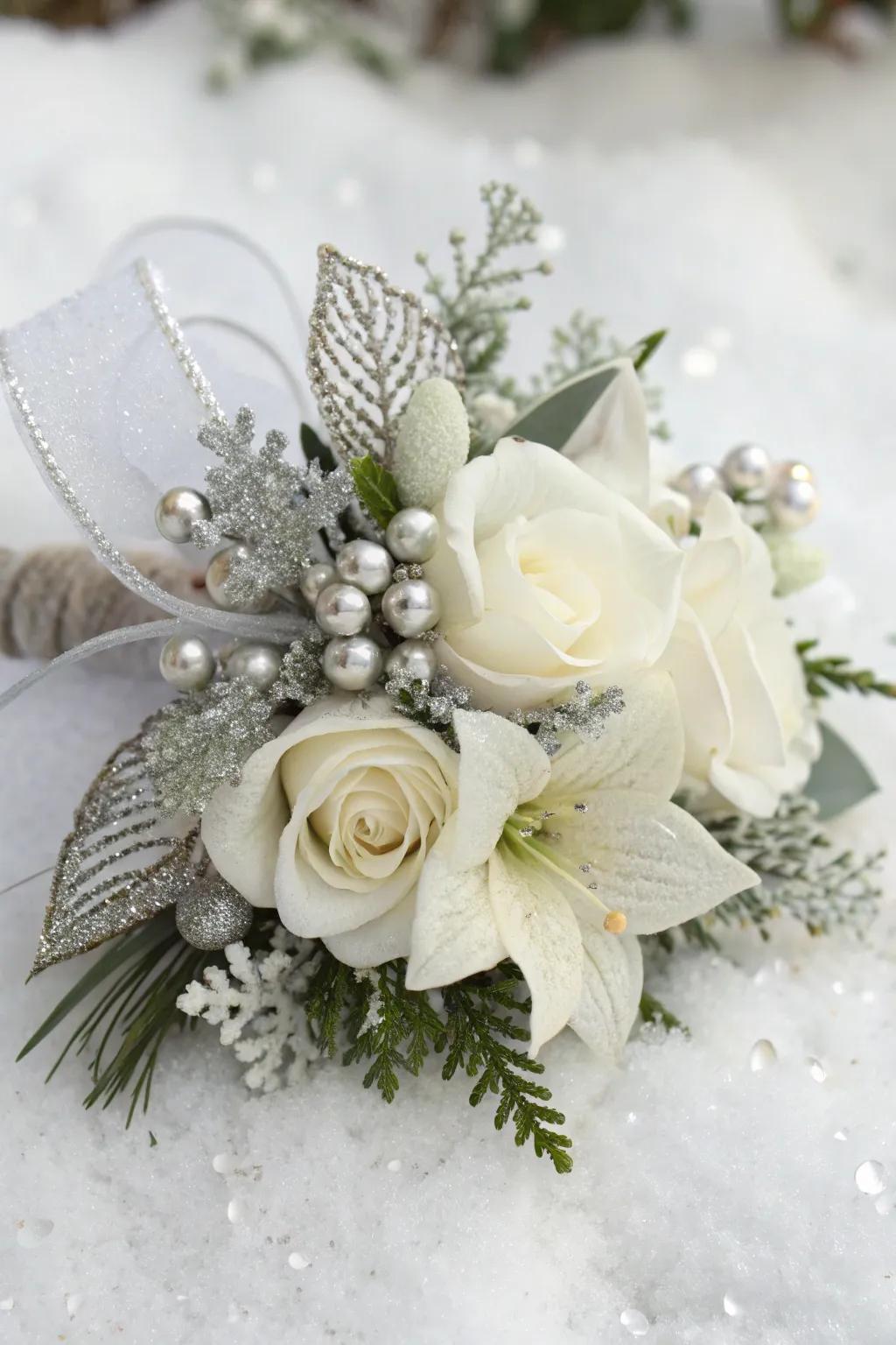 A serene Christmas posy fashioned with ivory and argent components.