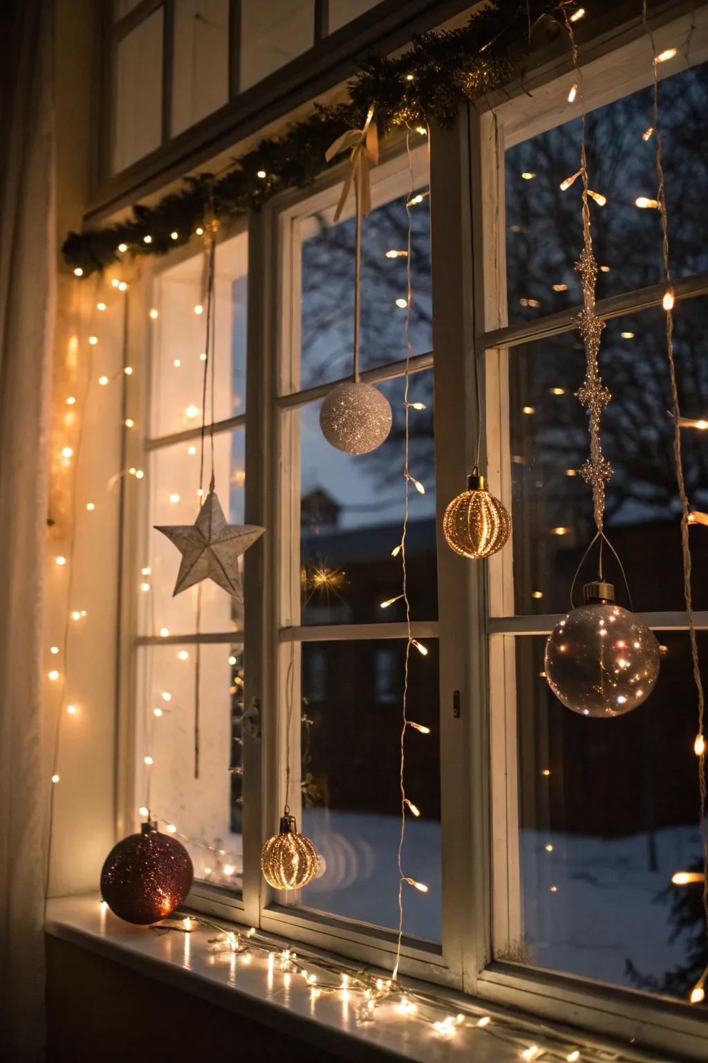 A fenestration wonderland featuring baubles and sheer lights.