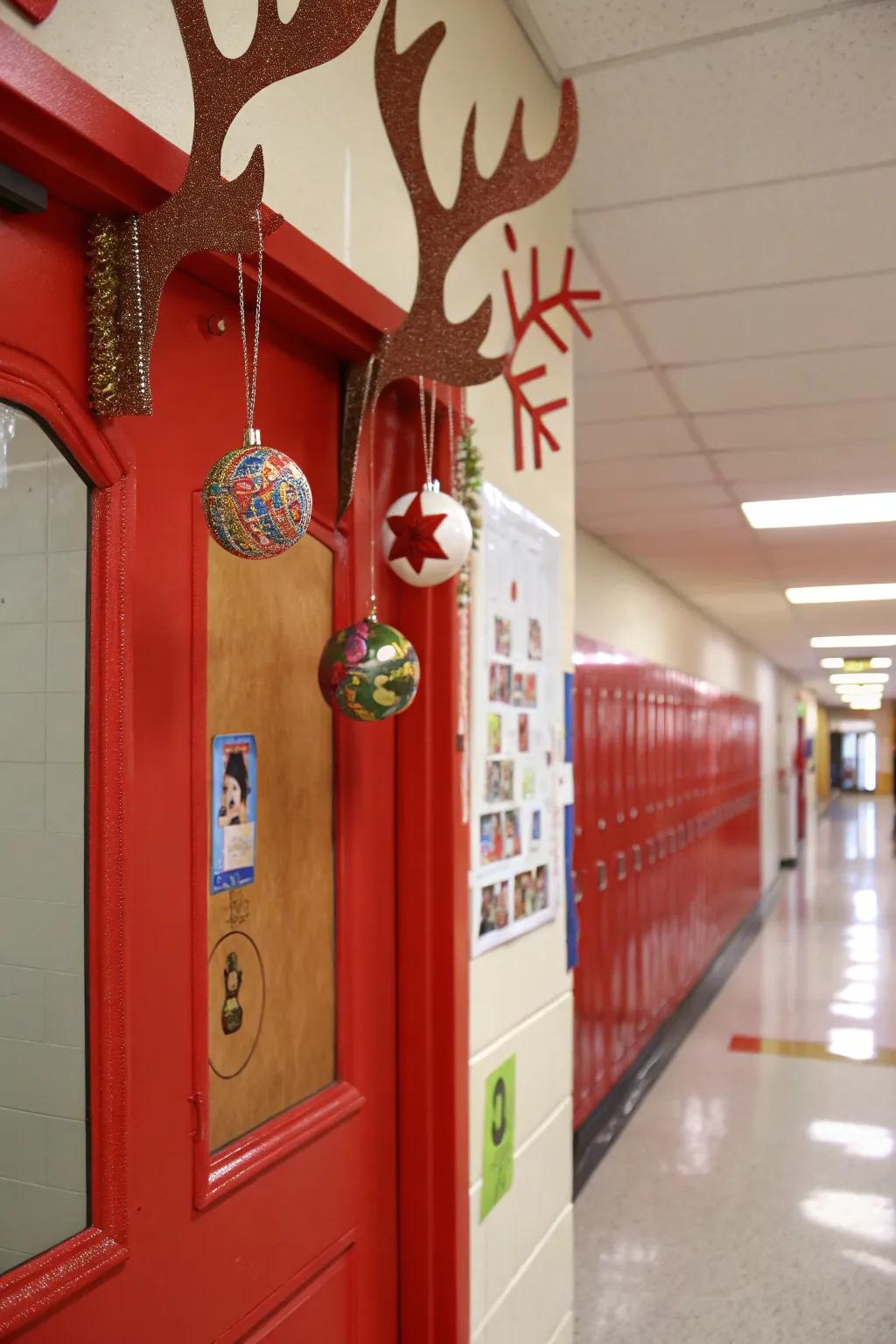 Reindeer antlers embellished with student-made baubles.