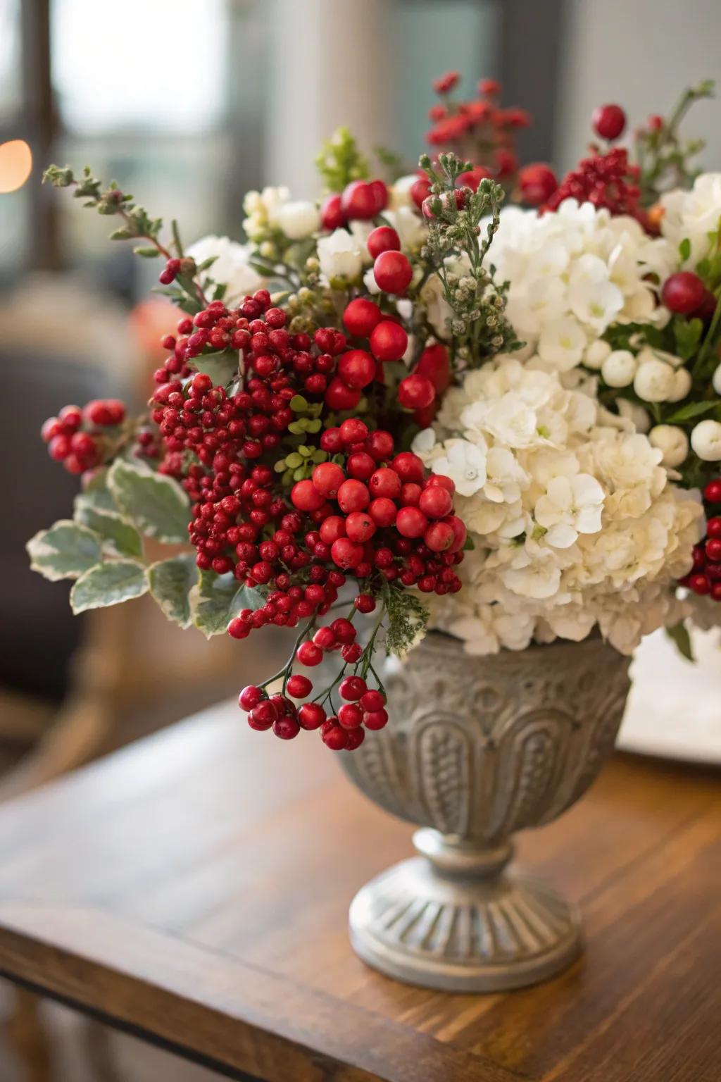 Vermilion fruits append a celebratory dimension towards sophisticated floral compositions.