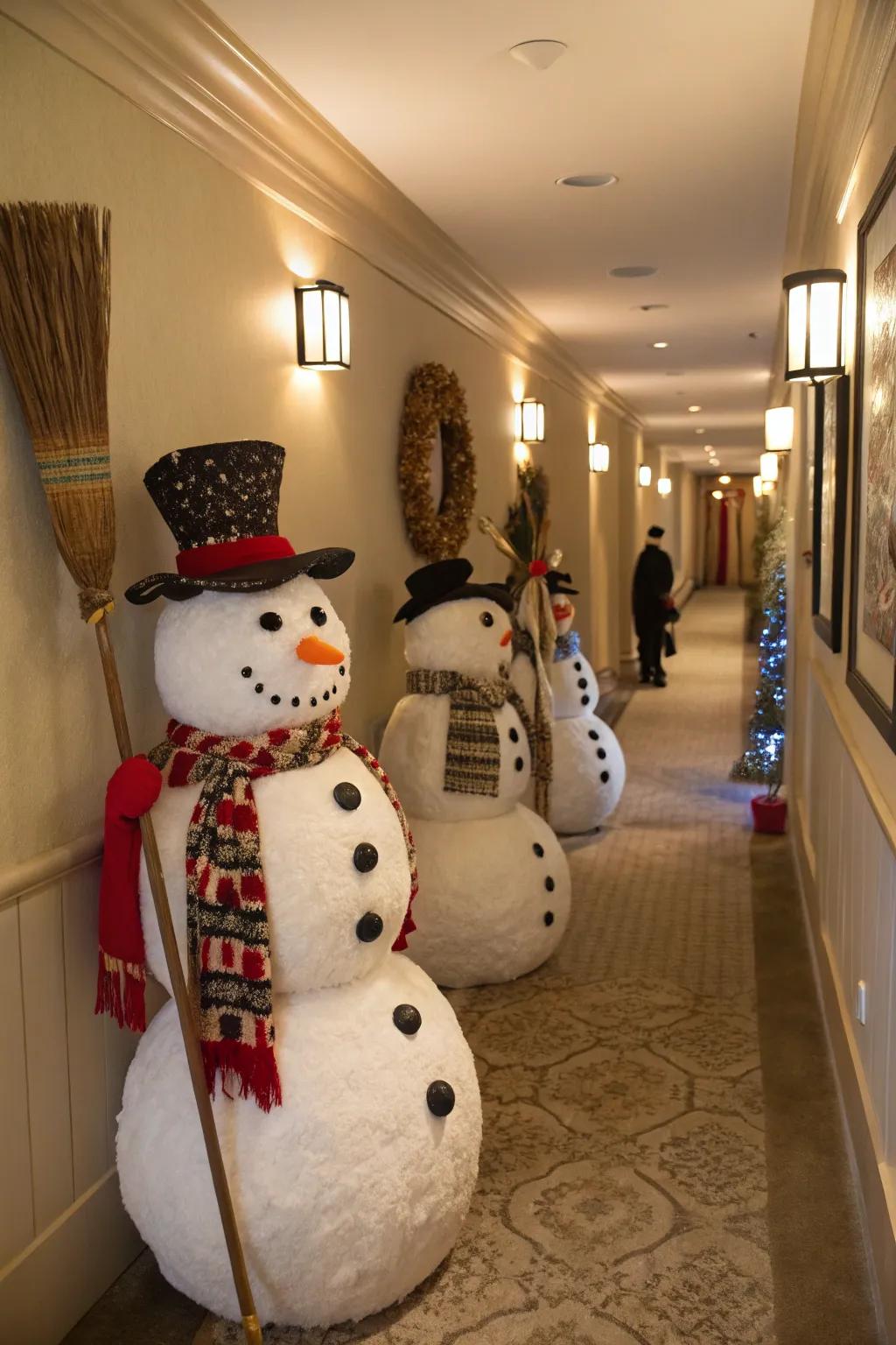 Relish a procession of snowmen conveying wintry amusement to the corridor.
