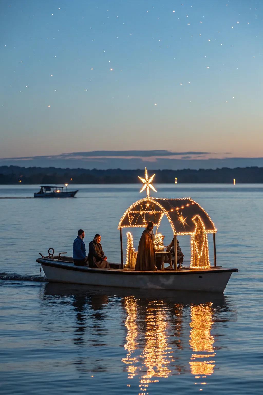 An exquisite nativity scene at sea, conveying peace and reflection.