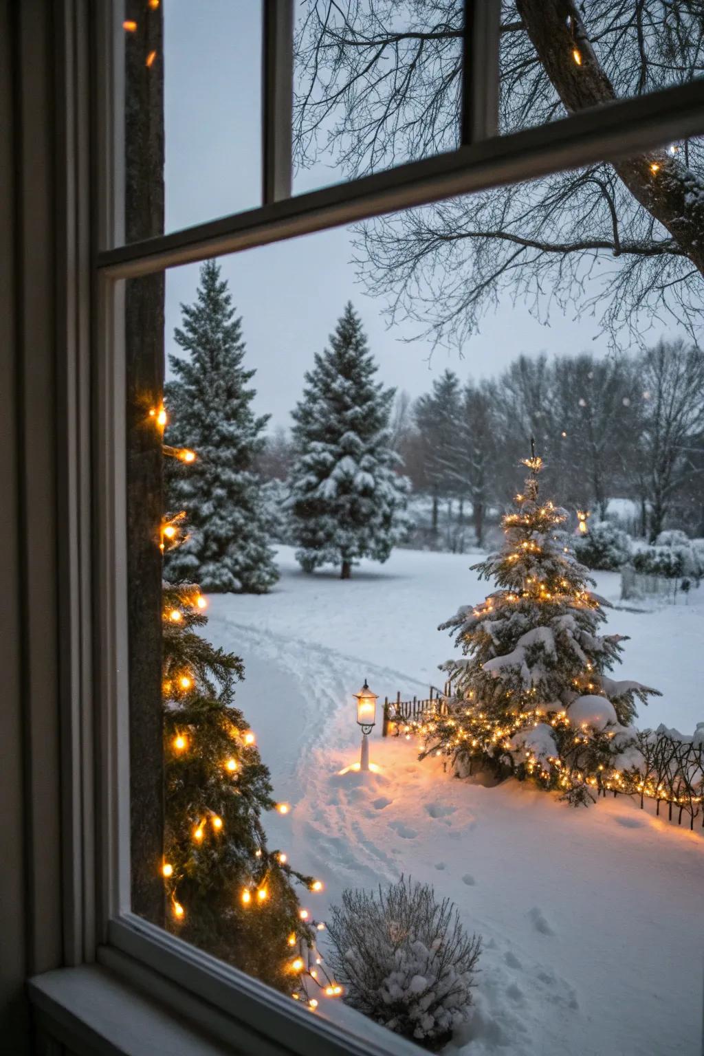 A serene, snow-drenched vista illuminated by the tender flicker of Christmas lights.