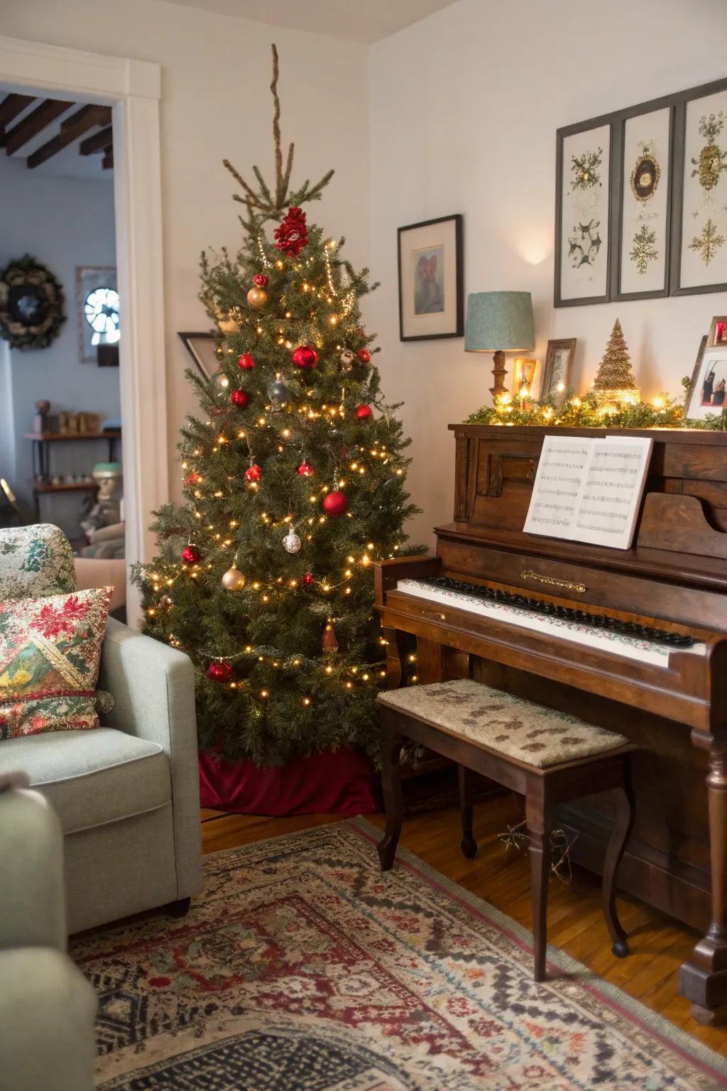 A piano seat augments height and uniqueness to your tree.
