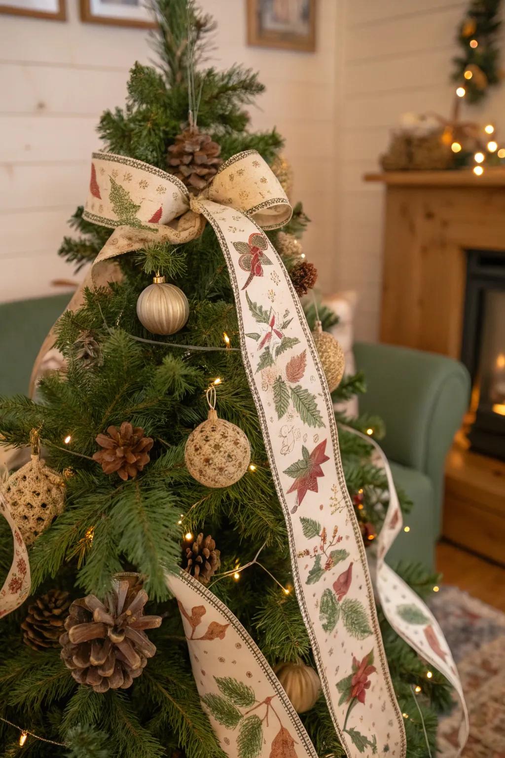 A Christmas tree with nature-inspired wraps, introducing an outdoor detail to indoor decorations.
